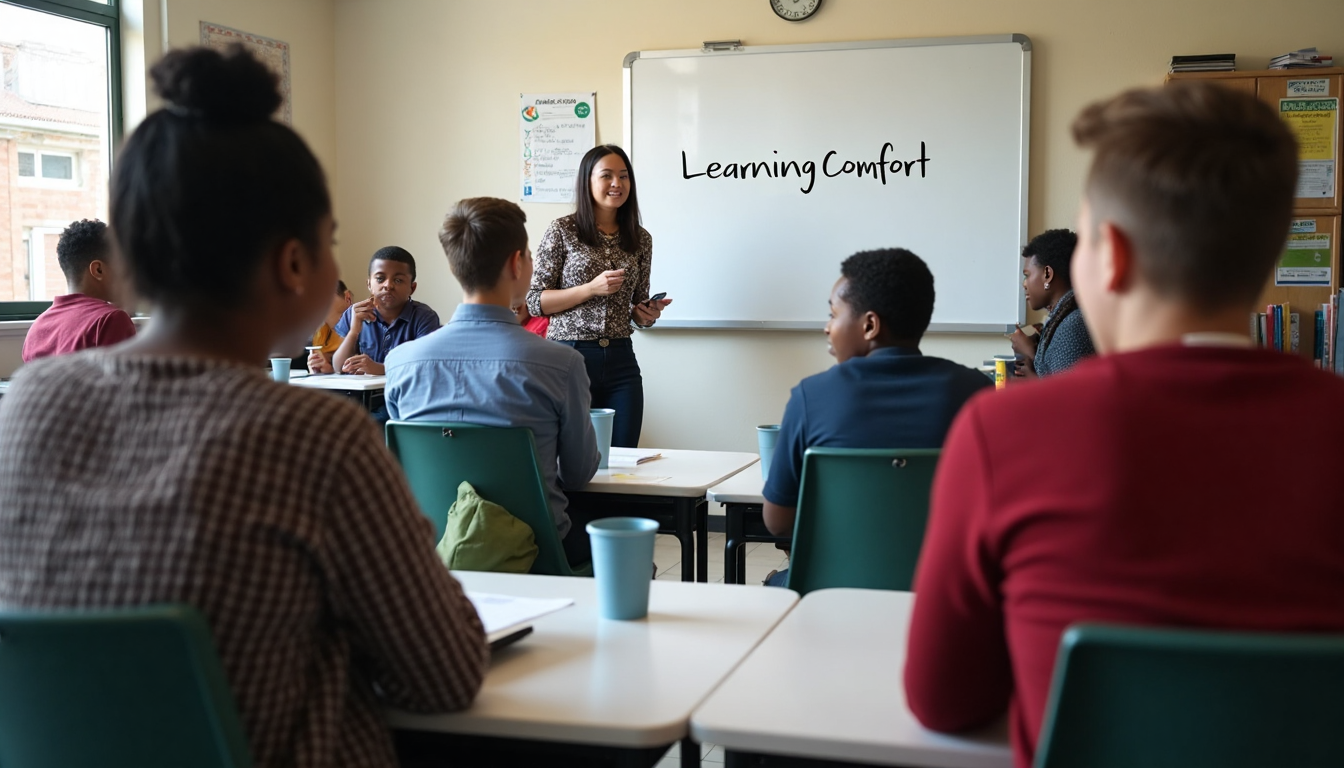 Modern South African classroom with students on ergonomic chairs and 'Learning Comfort' on whiteboard