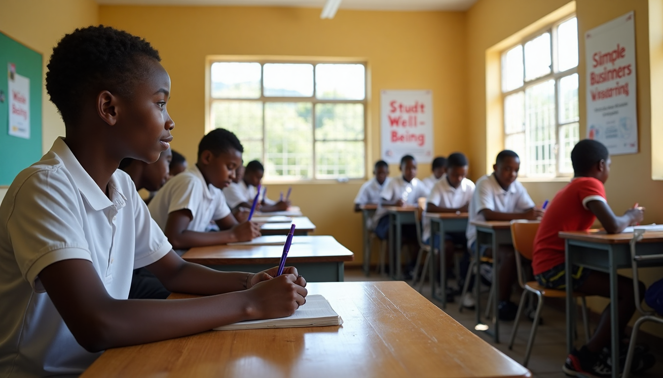 Students on ergonomic chairs in classroom with 'Student Well-Being' visible on poster