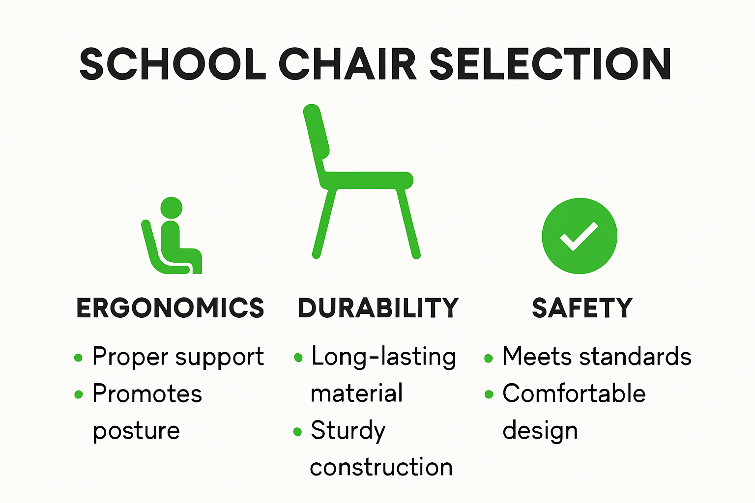 Infographic summarizing key school chair selection criteria.