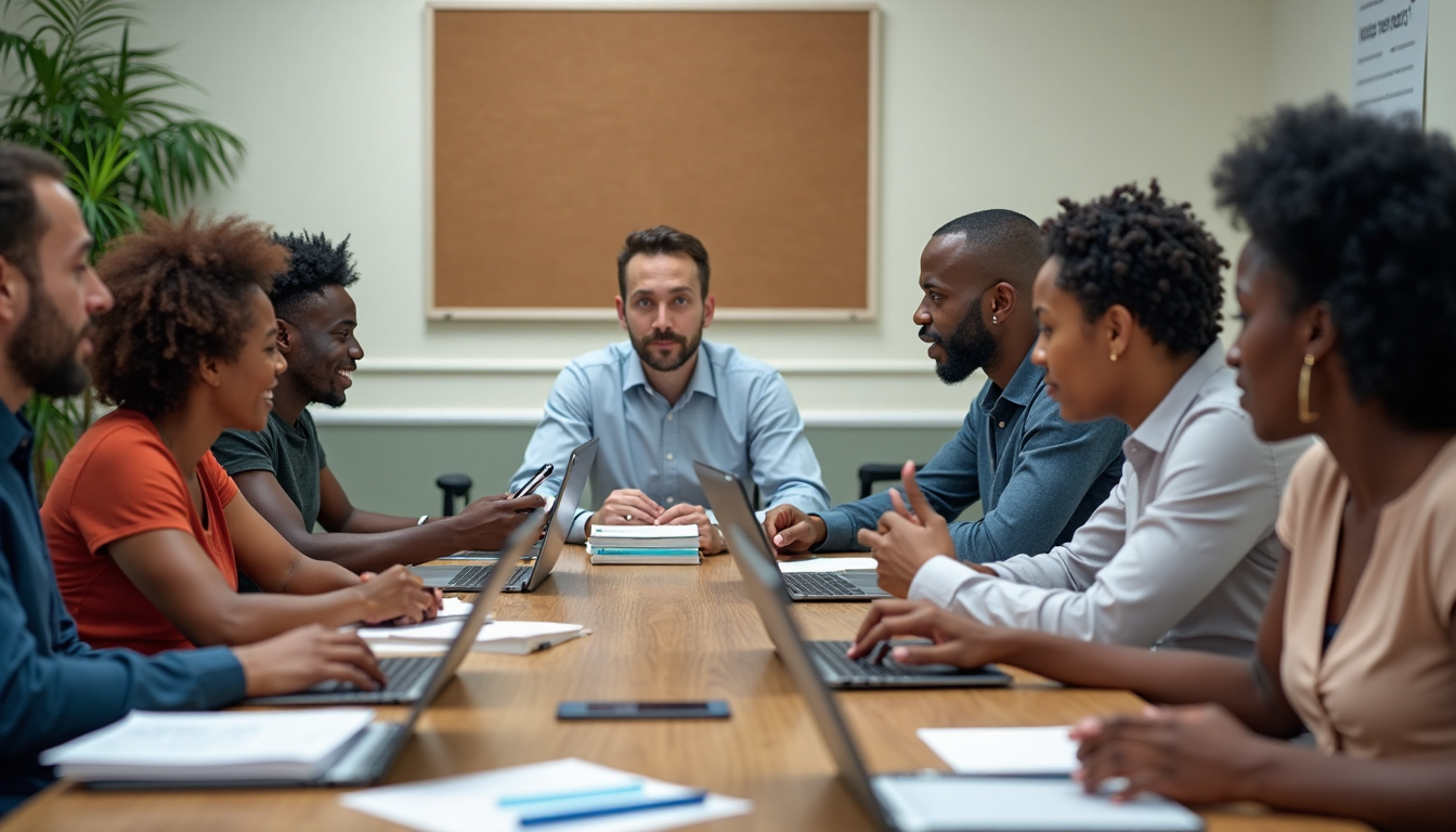 Team collaborating in modern South African office with productivity poster