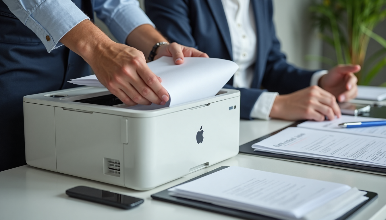 Hands loading paper and organizing documents at office supply station