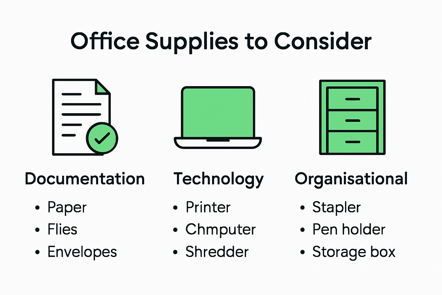 Infographic showing essential office supplies categories for businesses