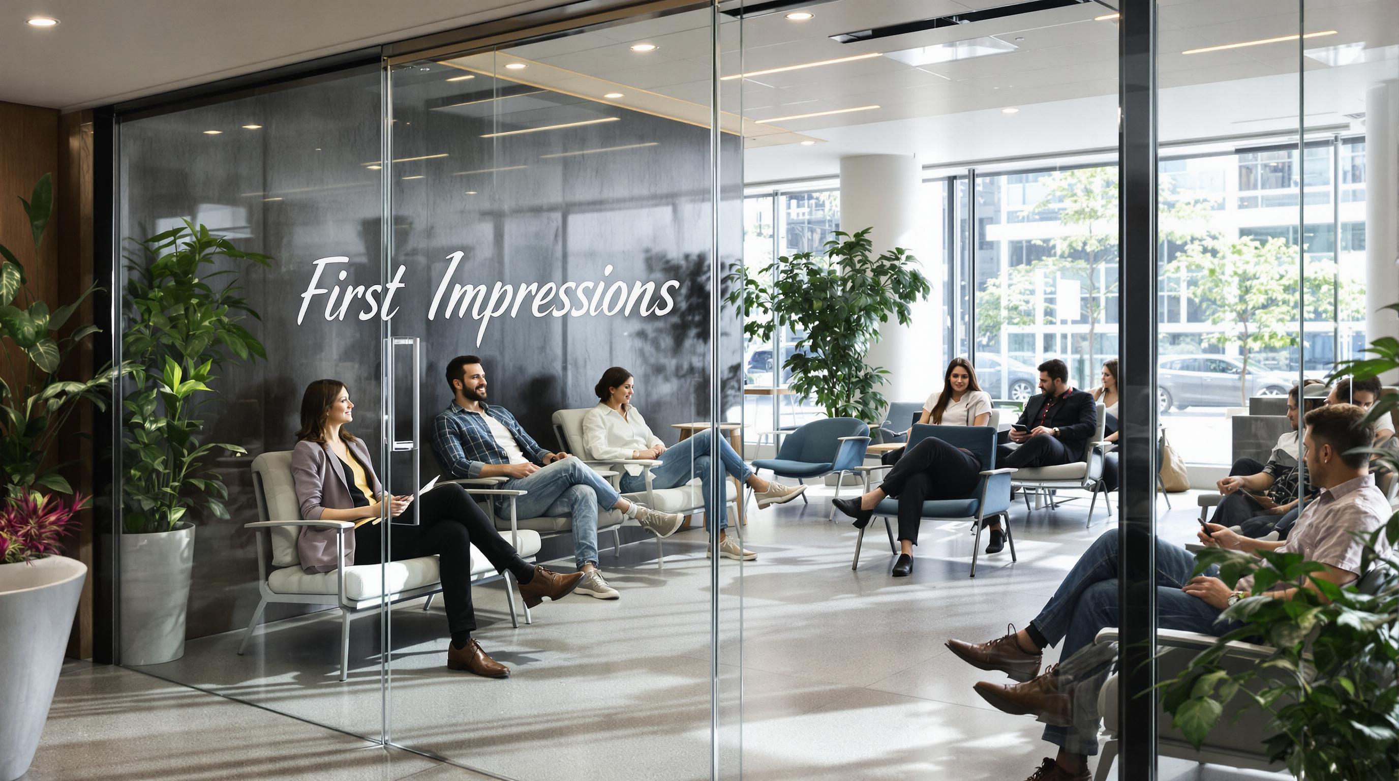 Modern office reception with visitors using ergonomic chairs, 'First Impressions' on glass door