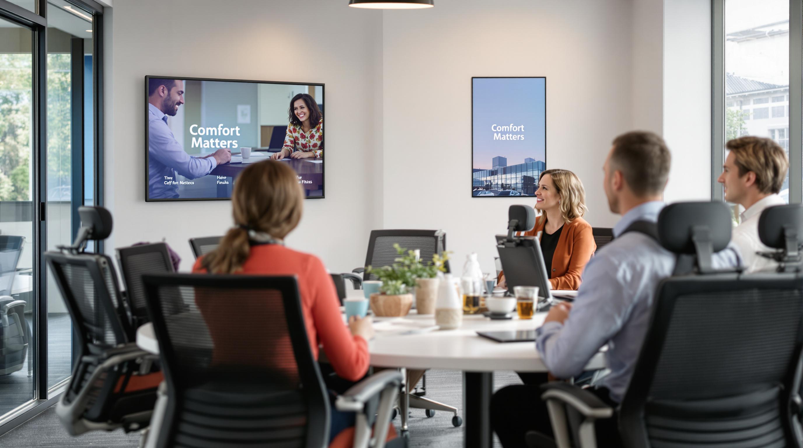 Office meeting with people in ergonomic visitor chairs, 'Comfort Matters' on wall display