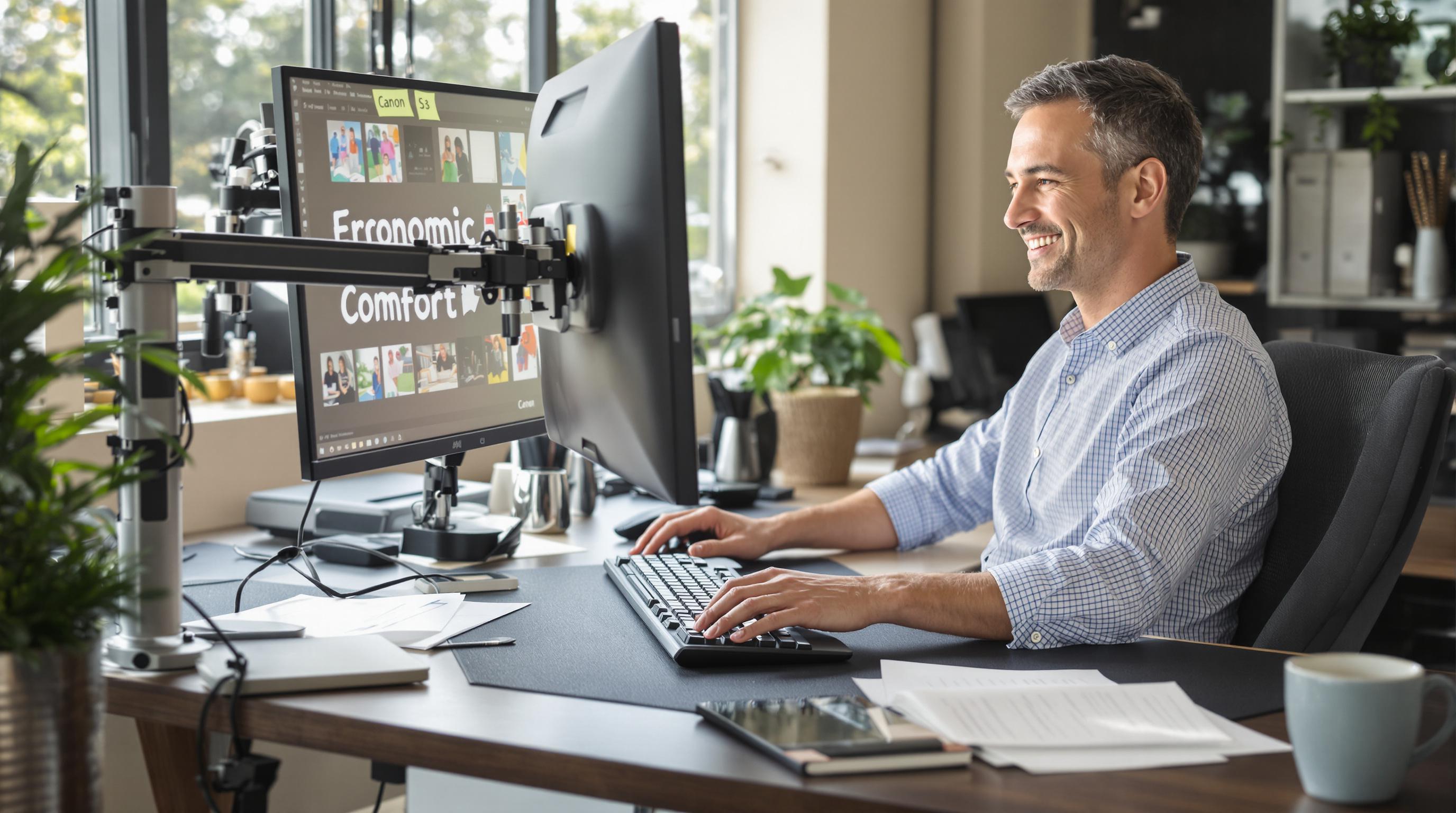 Professional adjusting monitor arm at ergonomic workstation for better comfort
