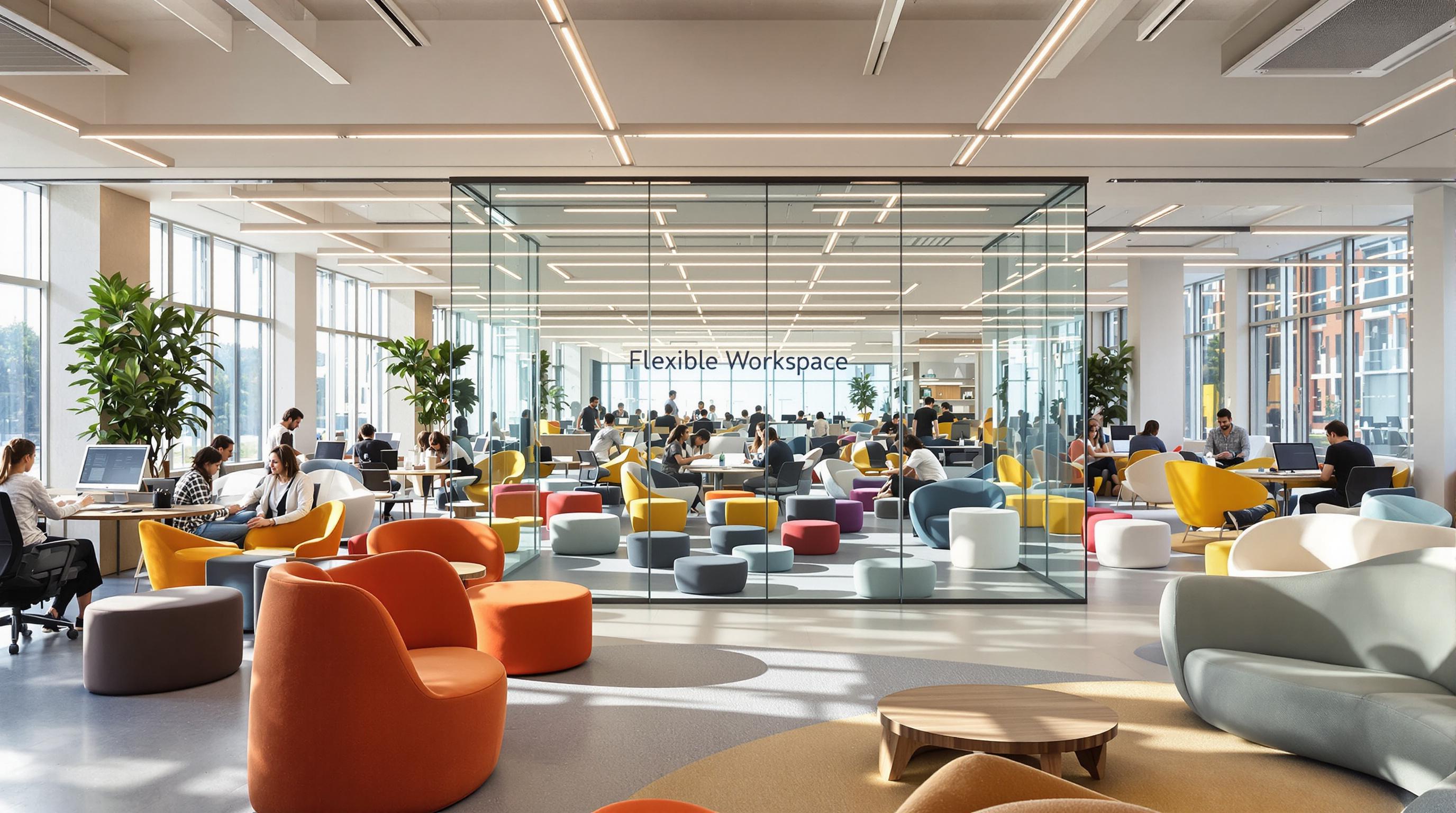 Modern office with people using modular seating and flexible workspaces