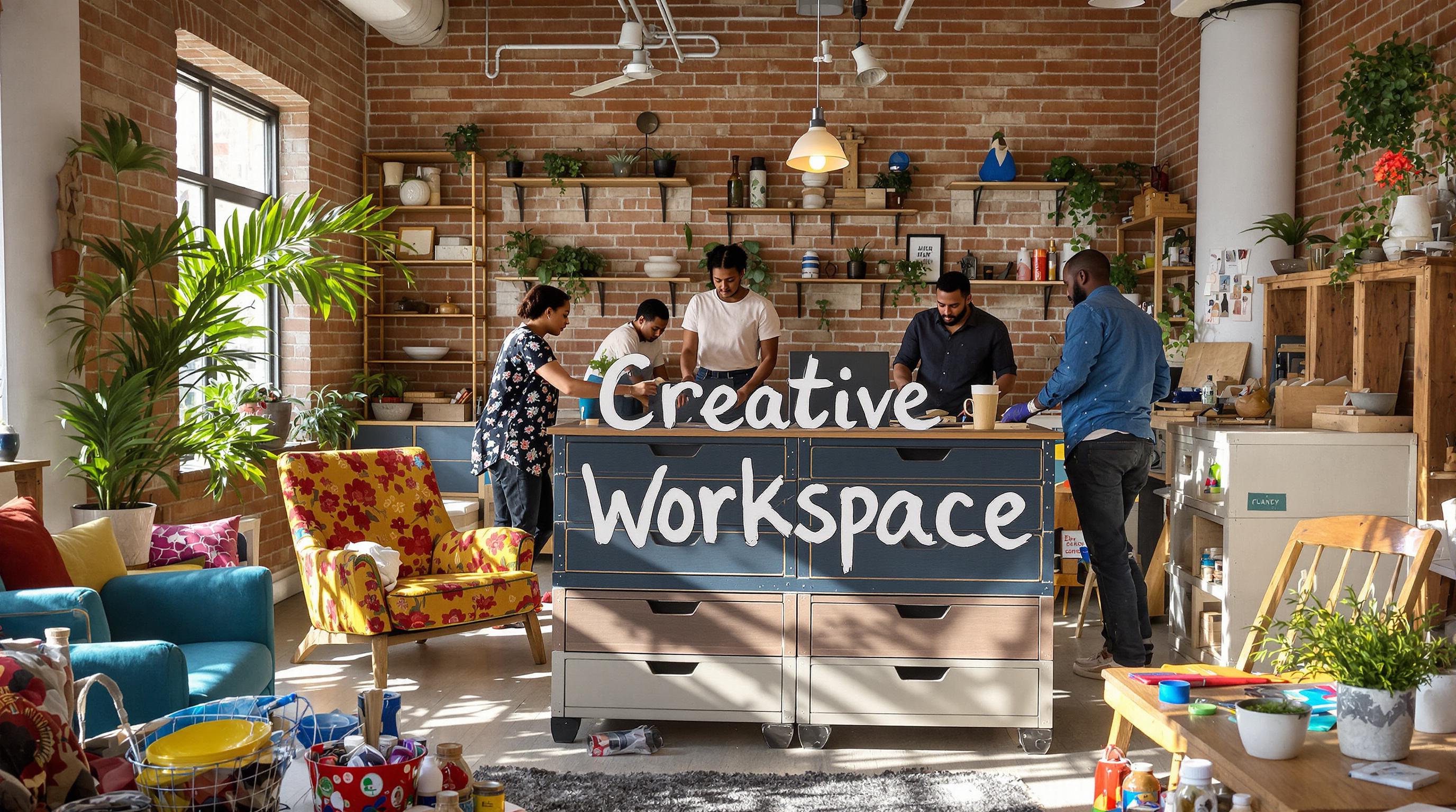 Employees transform office furniture in a lively creative workspace DIY project