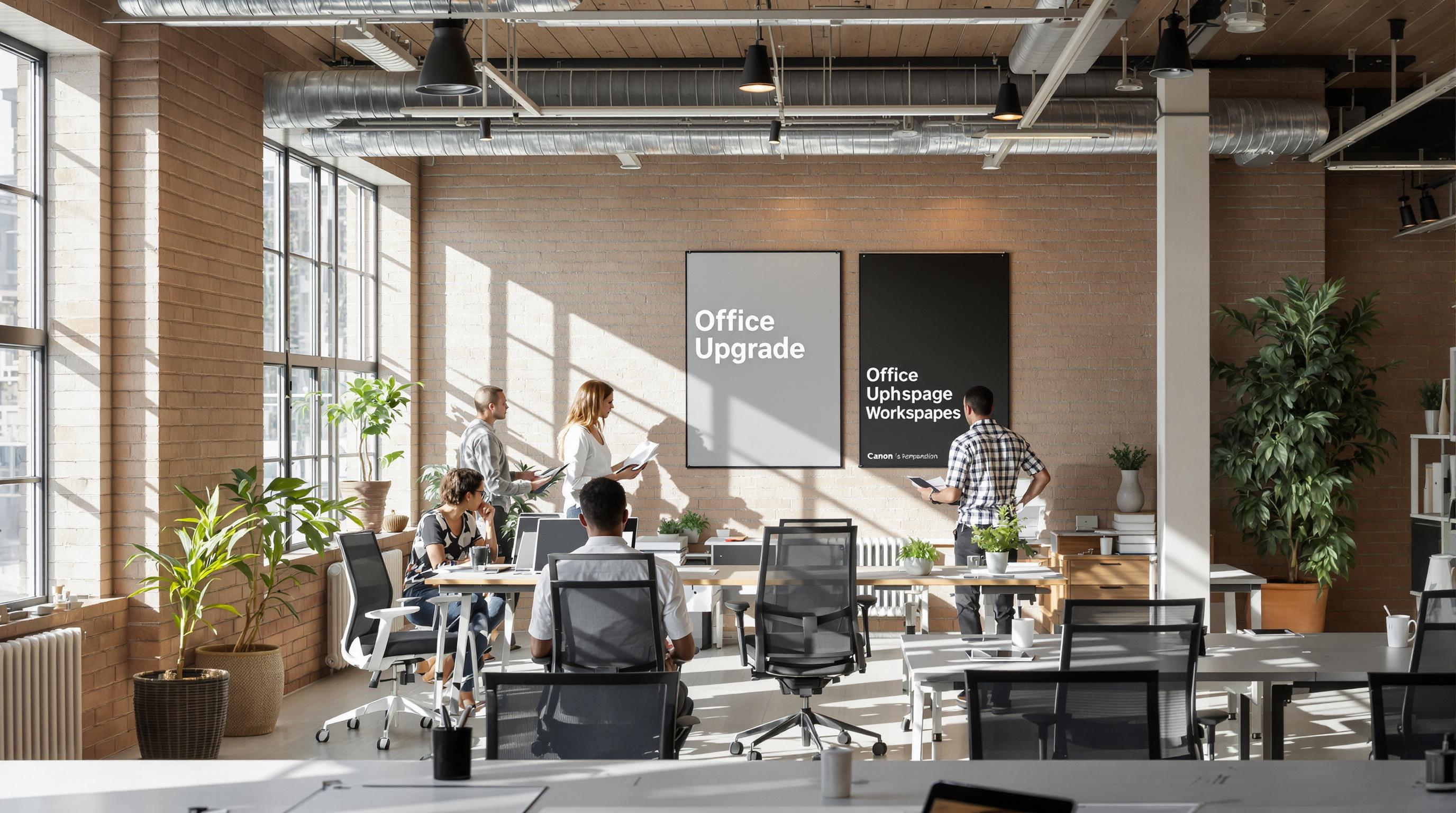 Diverse South African team arranging modular office furniture under poster reading Office Upgrade