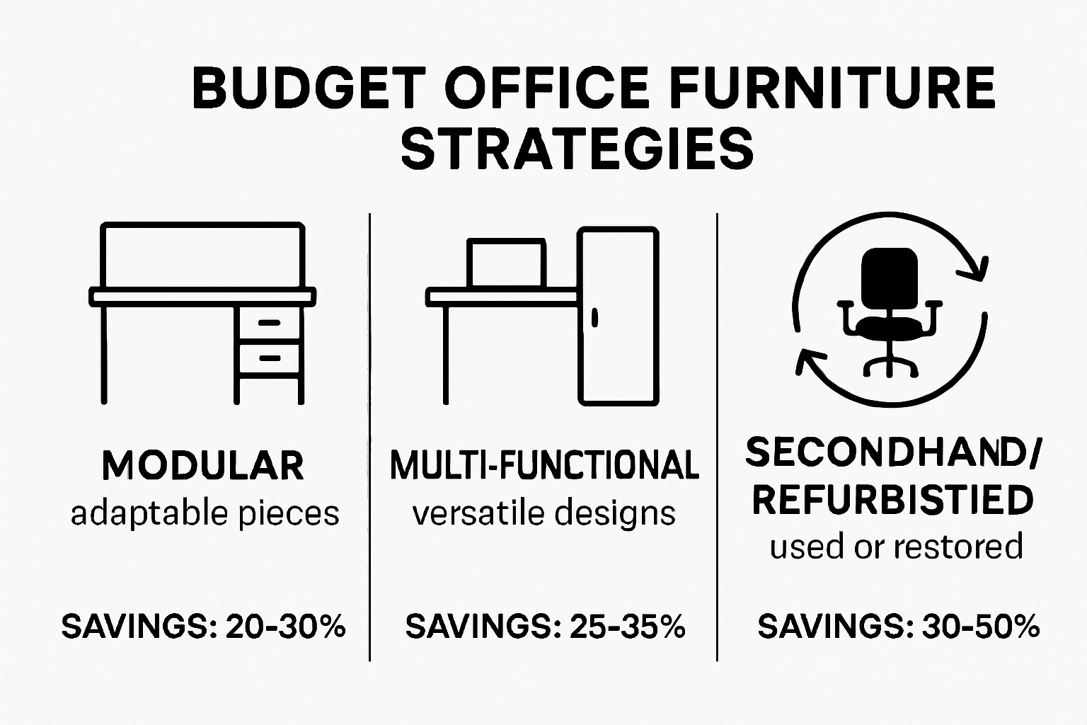 Infographic summarizing key budget office furniture ideas and savings tips