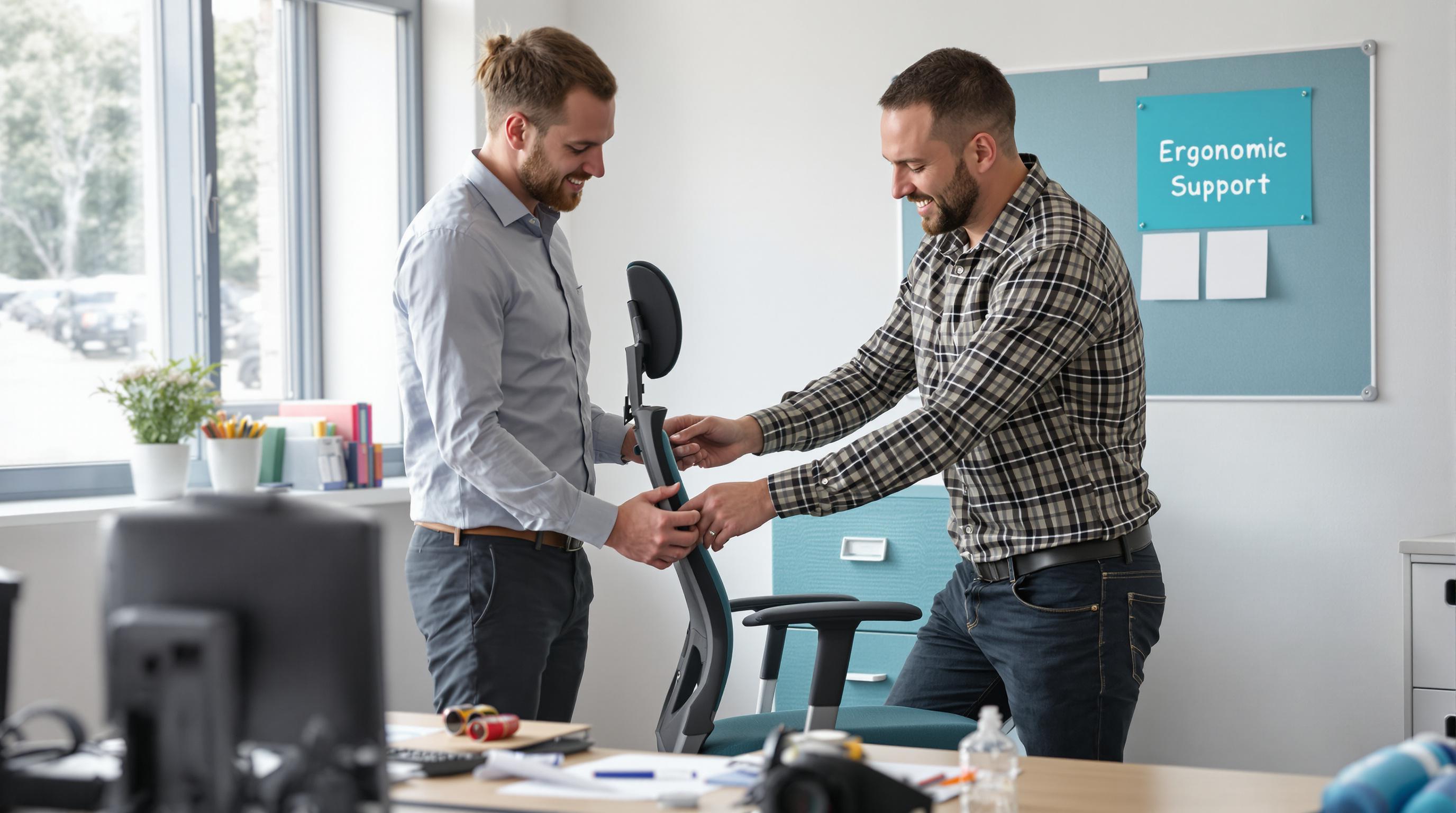 Colleagues testing ergonomic chairs in a budget-friendly office