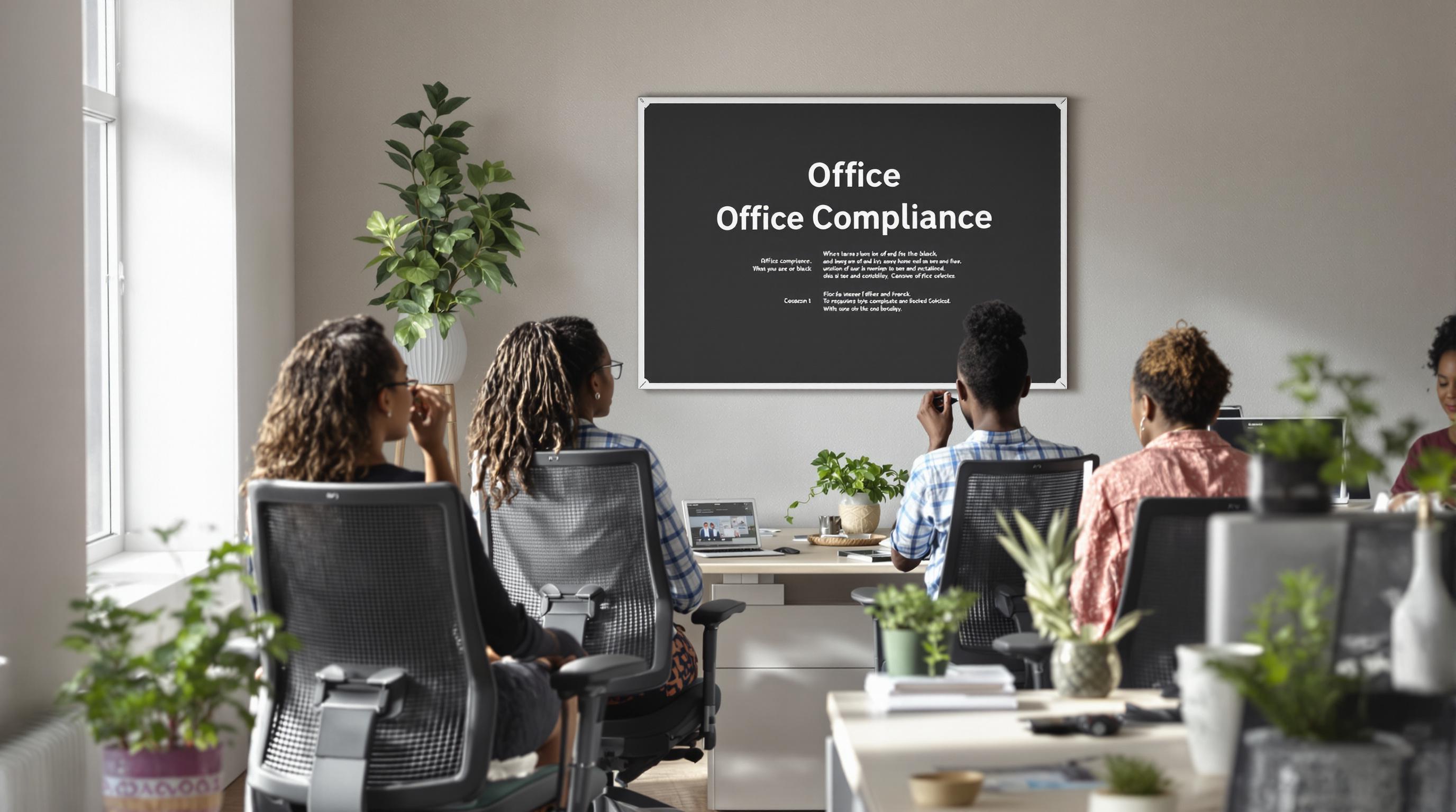 Modern South African office with employees in ergonomic chairs, compliance notice visible
