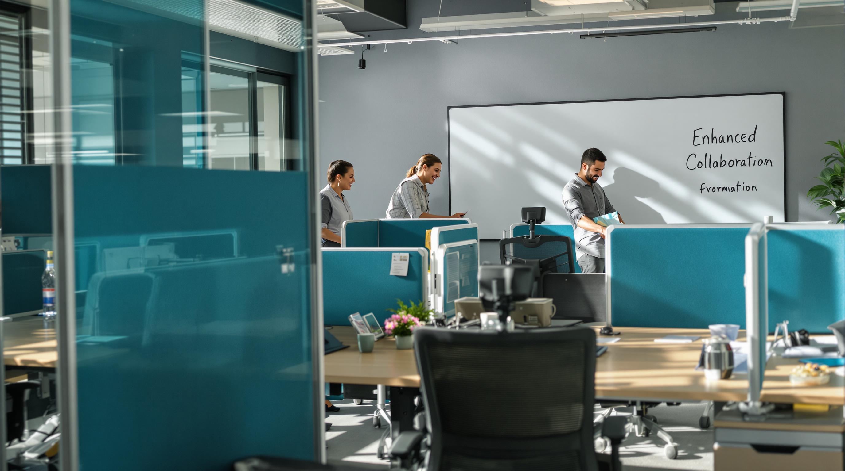 Team collaboratively rearranging office furniture for adaptability