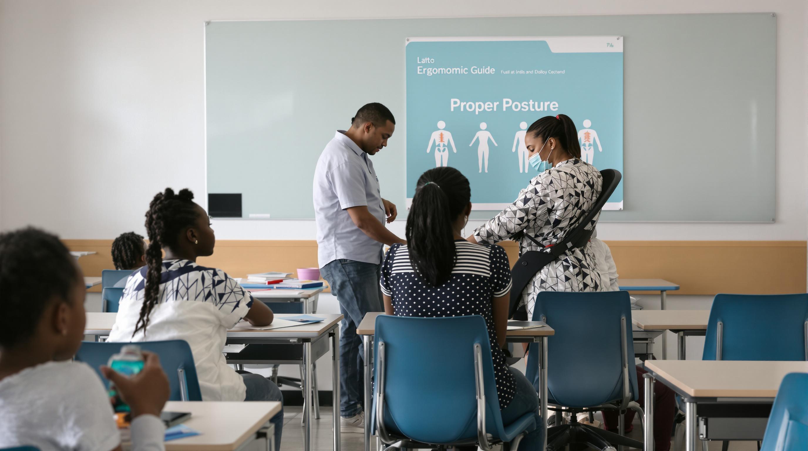 South African students with ergonomic desks and teacher showing proper posture in classroom