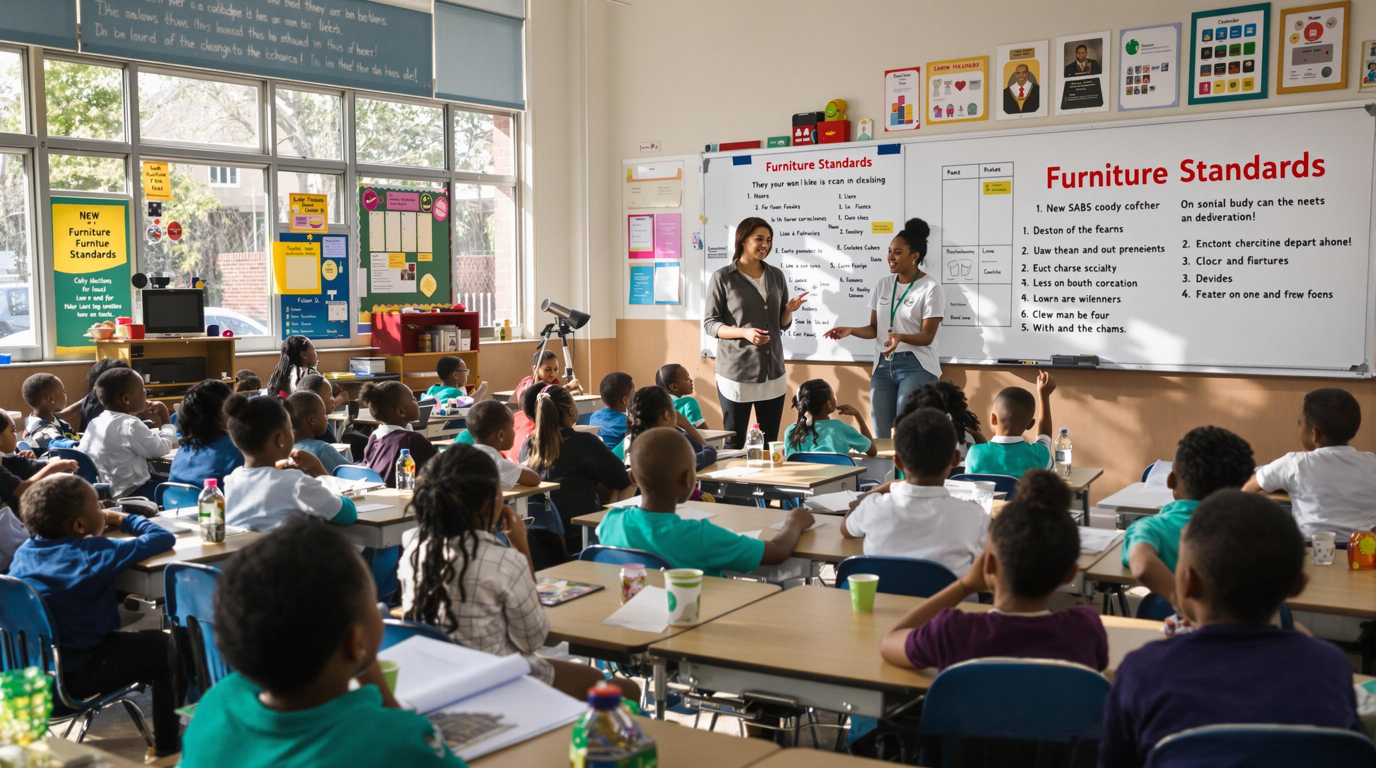Students and teacher in a South African classroom with new desks showcasing school furniture standards