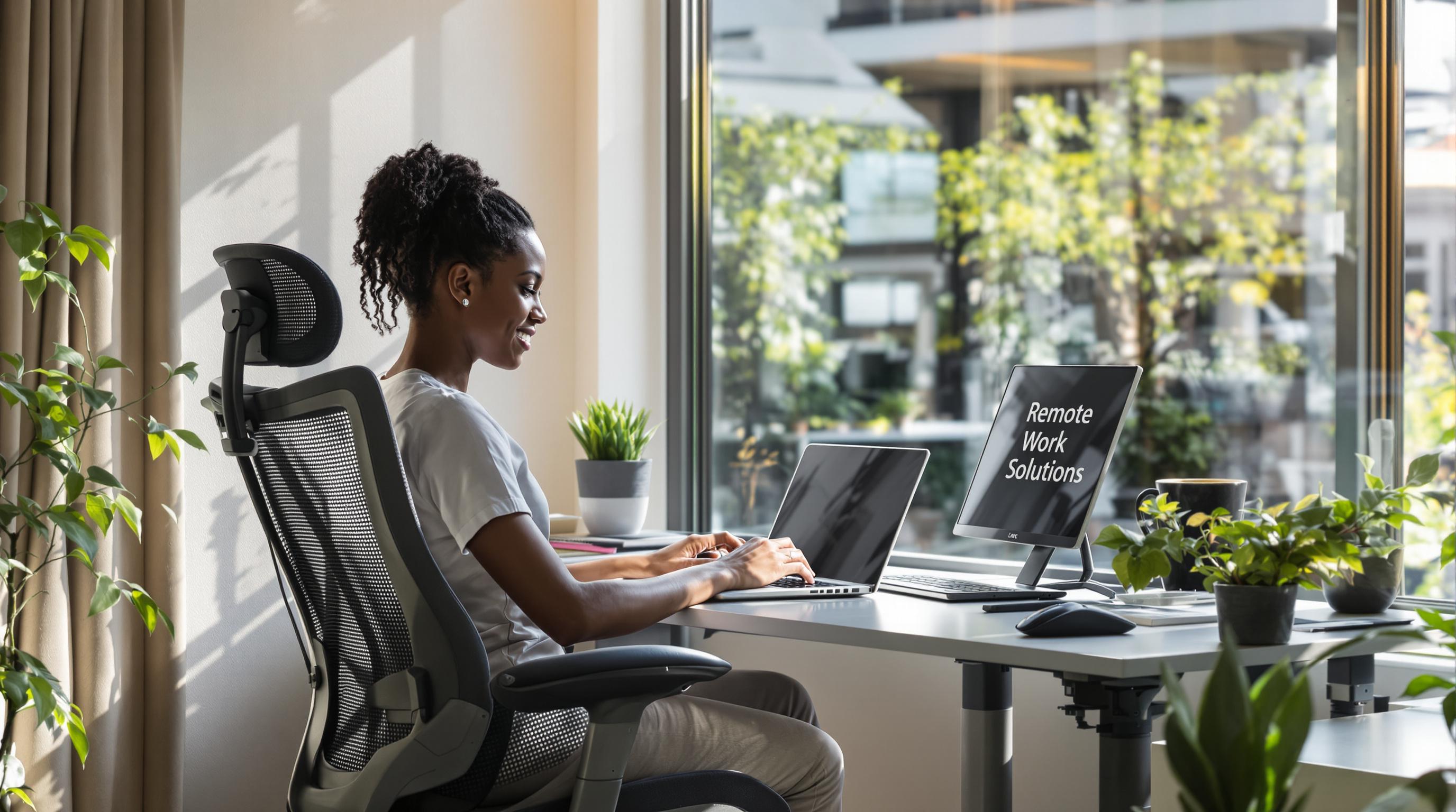 Modern South African home office with ergonomic chair and 'Remote Work Solutions' on window.