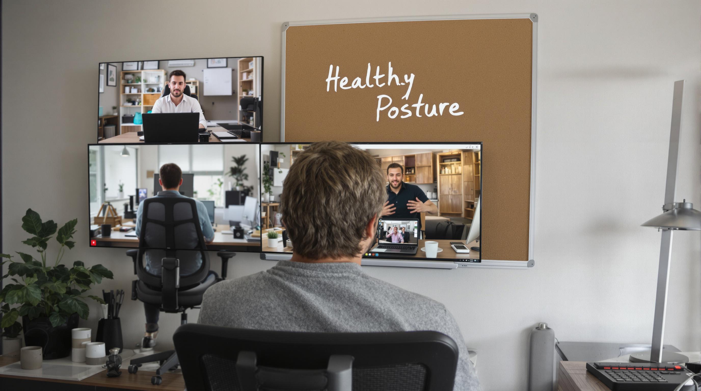 Man adjusting ergonomic chair lumbar, note 'Healthy Posture' visible nearby.