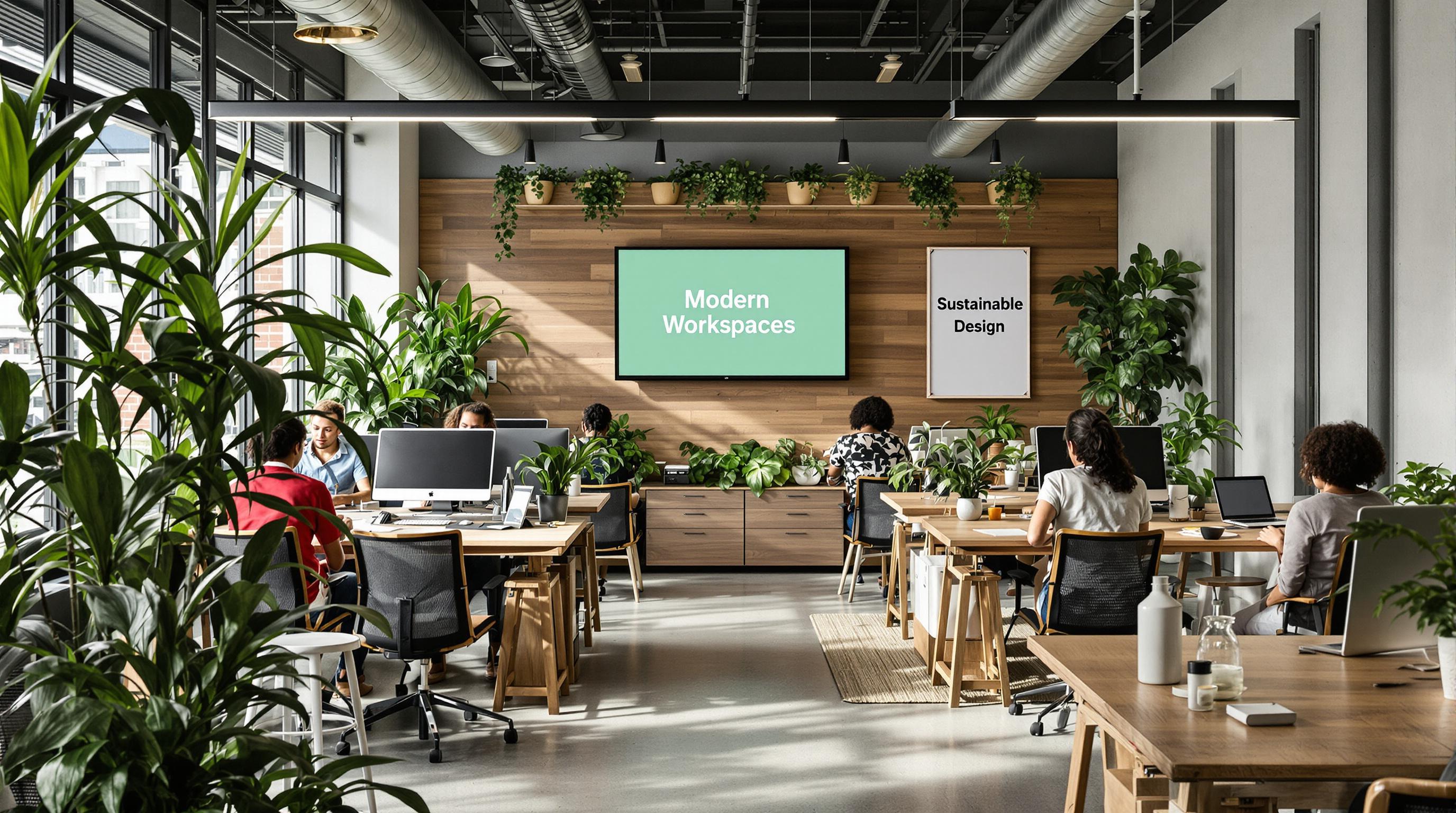 Modern South African office with bamboo desks, reclaimed wood, and greenery