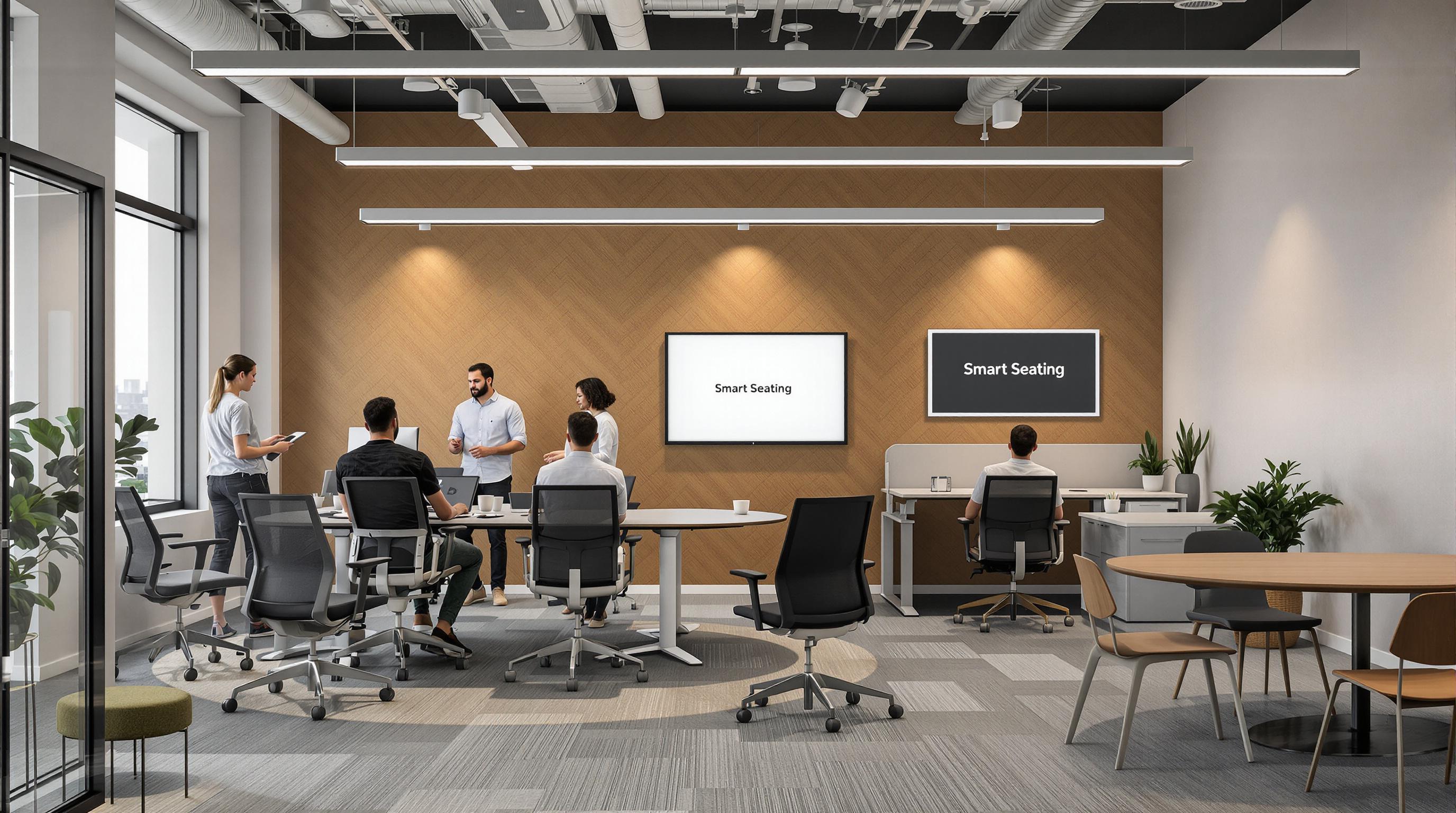 Coworkers adjust ergonomic chairs and meet in flexible office arrangement