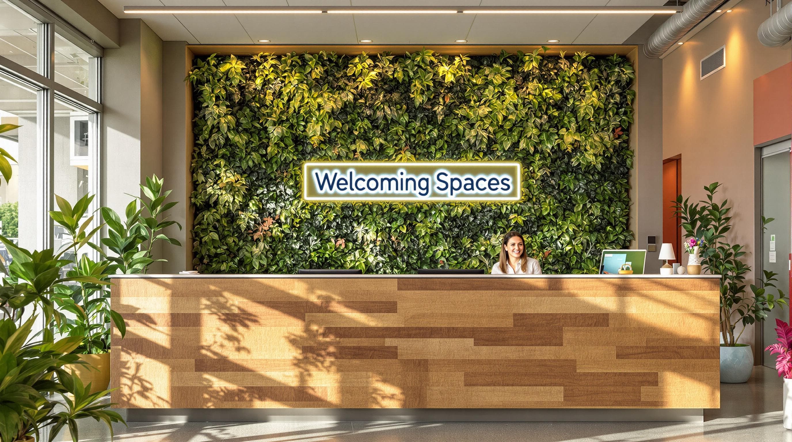 Contemporary Southern African office reception with eco-friendly desk and plant wall