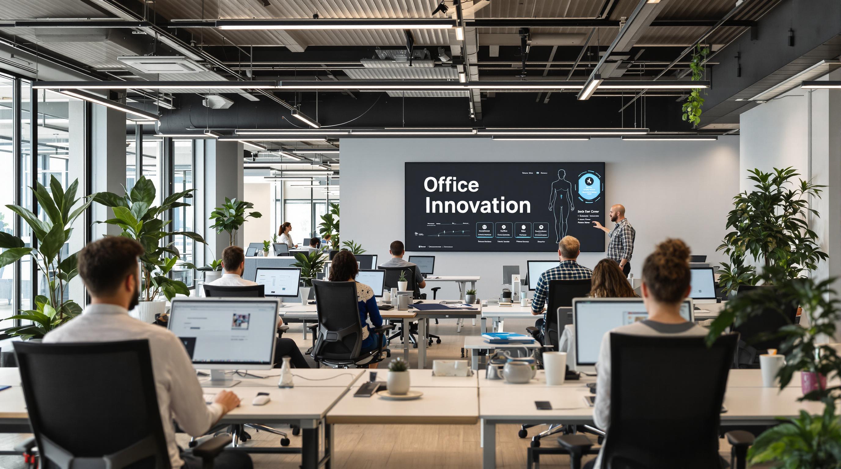 Modern office with innovative seating and digital wellness display