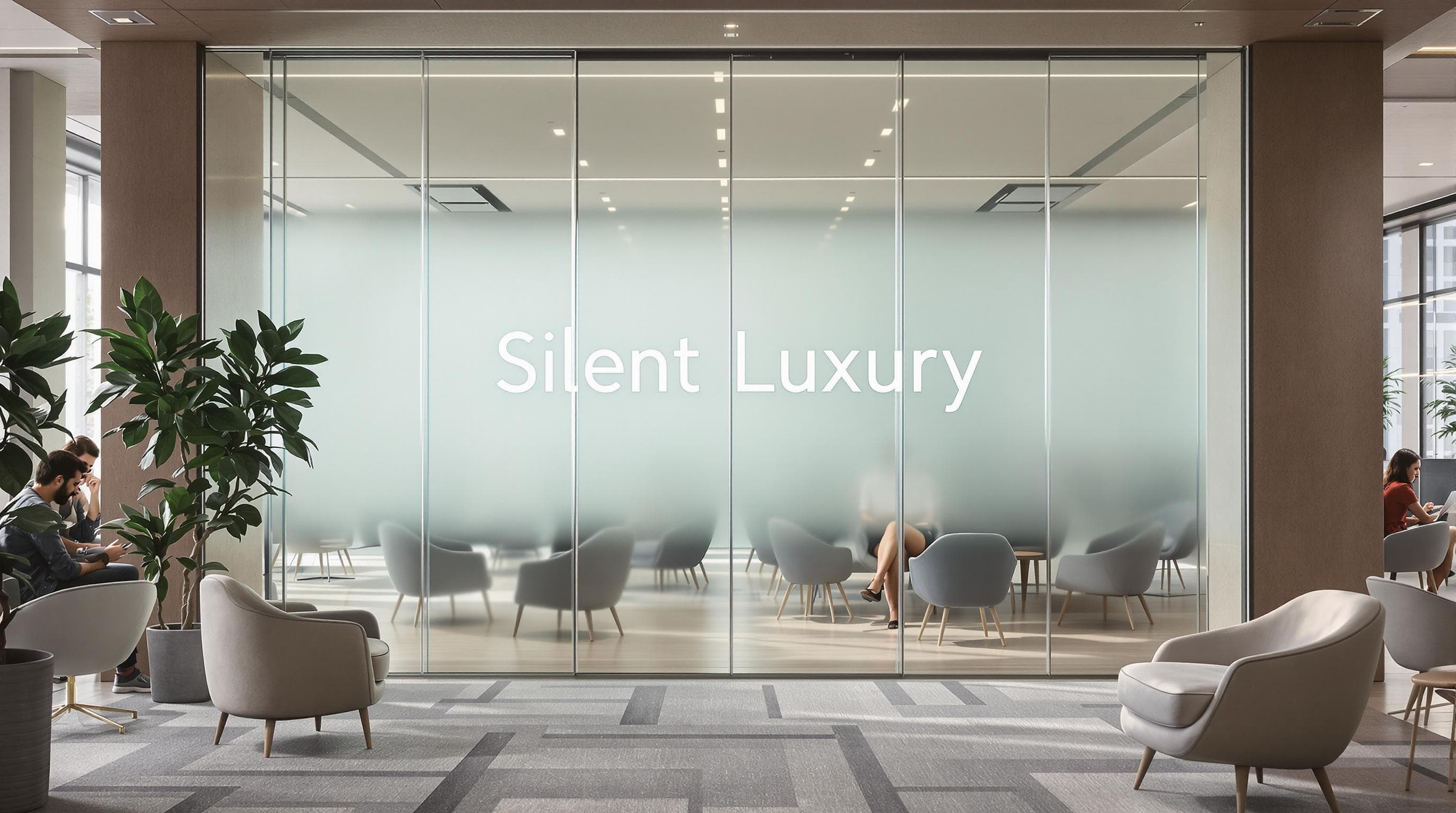 Modern office with quiet luxury furniture and 'Silent Luxury' on glass wall