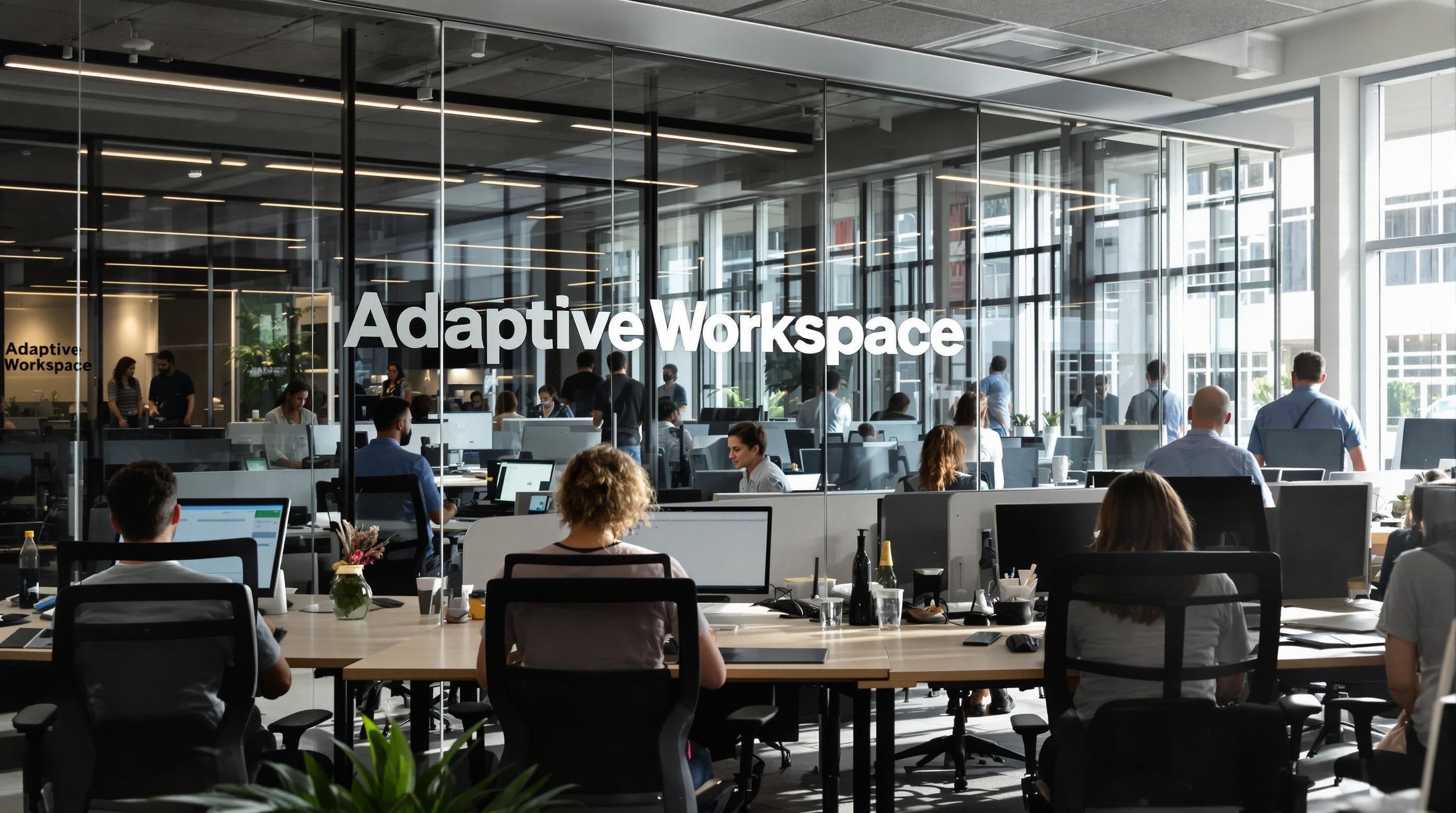 Employees in adaptive workspace with modular furniture and natural light