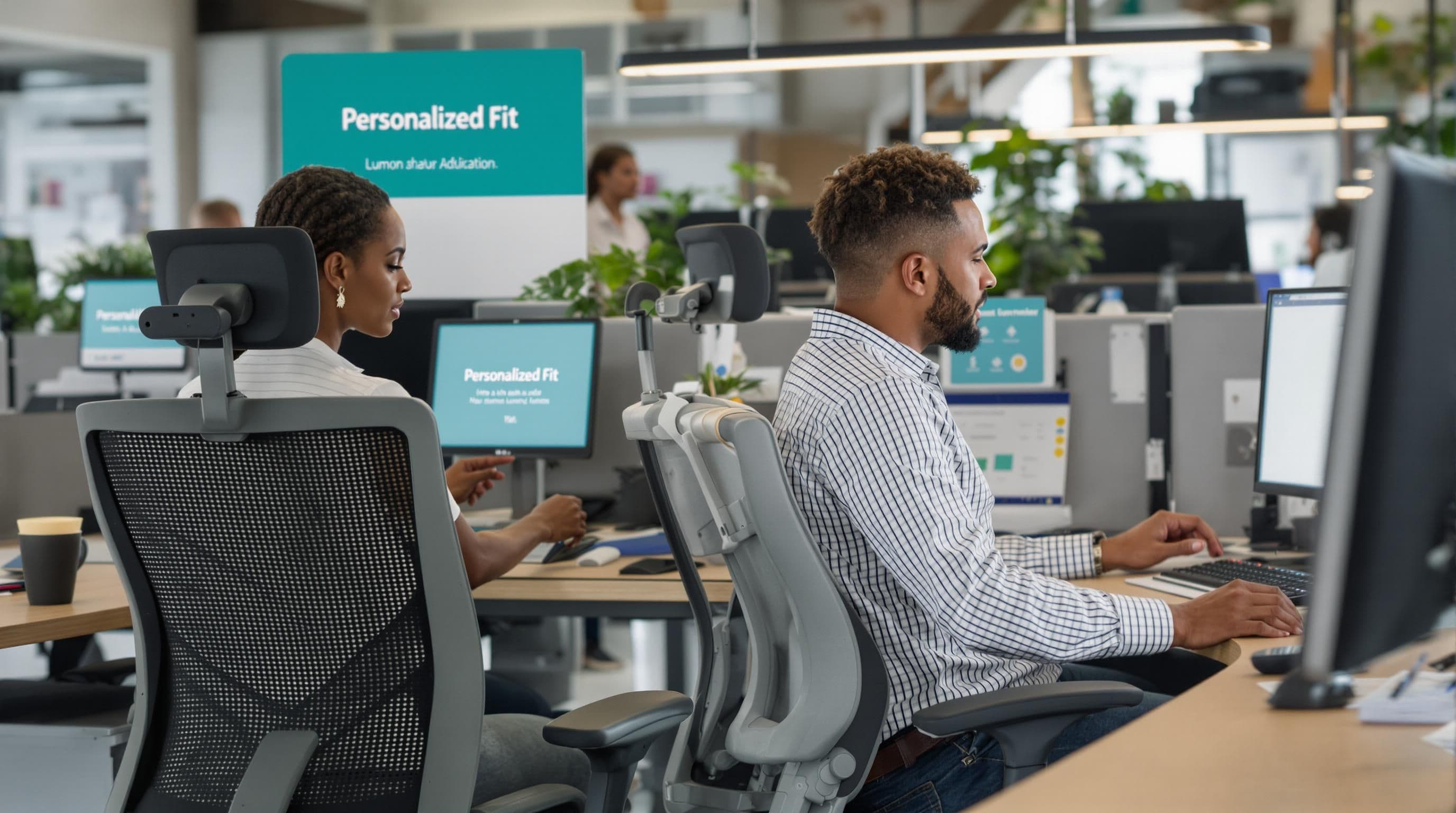Employees adjusting ergonomic chairs to fit their needs in office