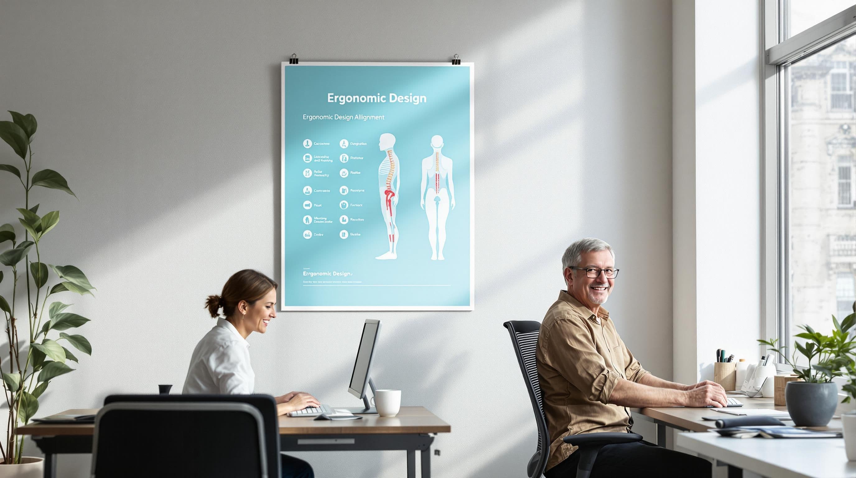 Employees adjust ergonomic chairs beneath ergonomic design poster and sunlight