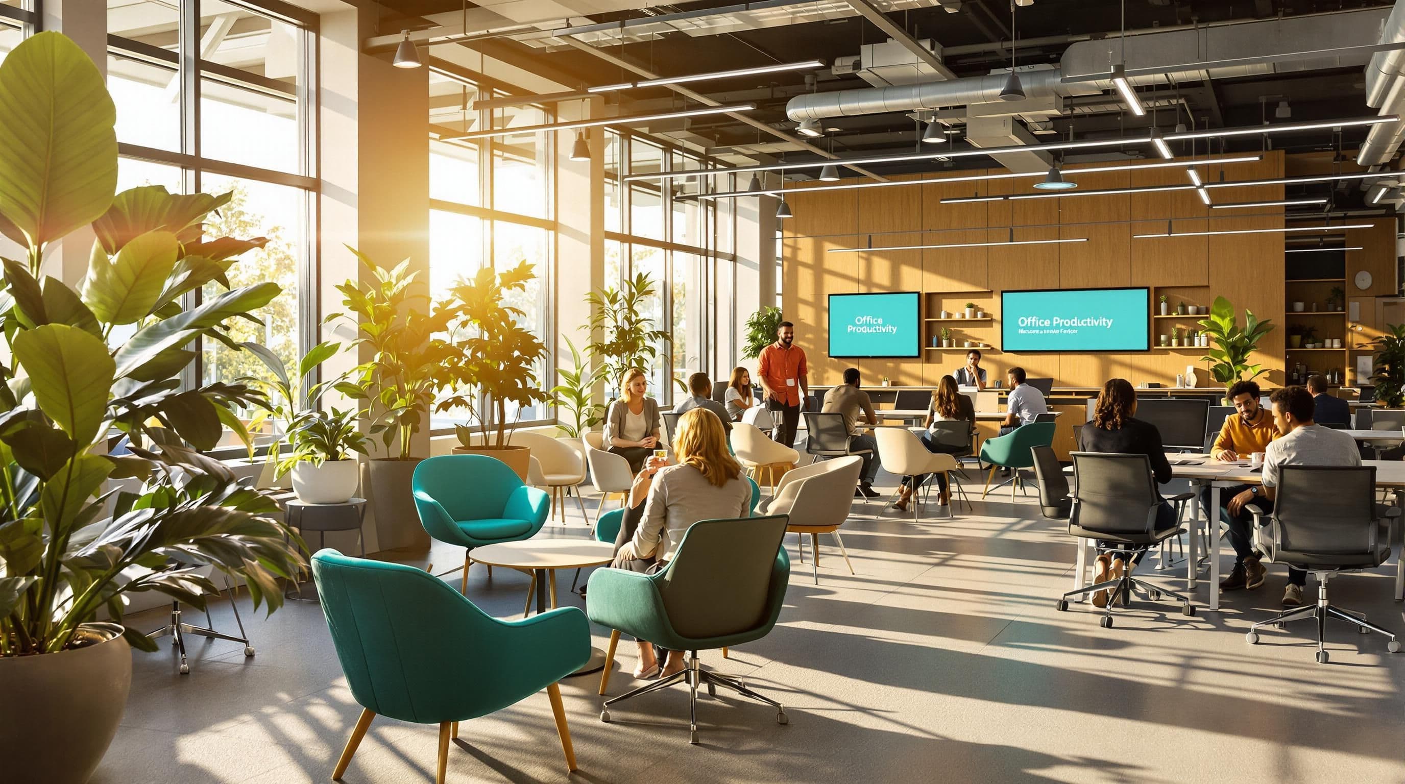 Modern Southern African office with ergonomic furniture and digital productivity screen
