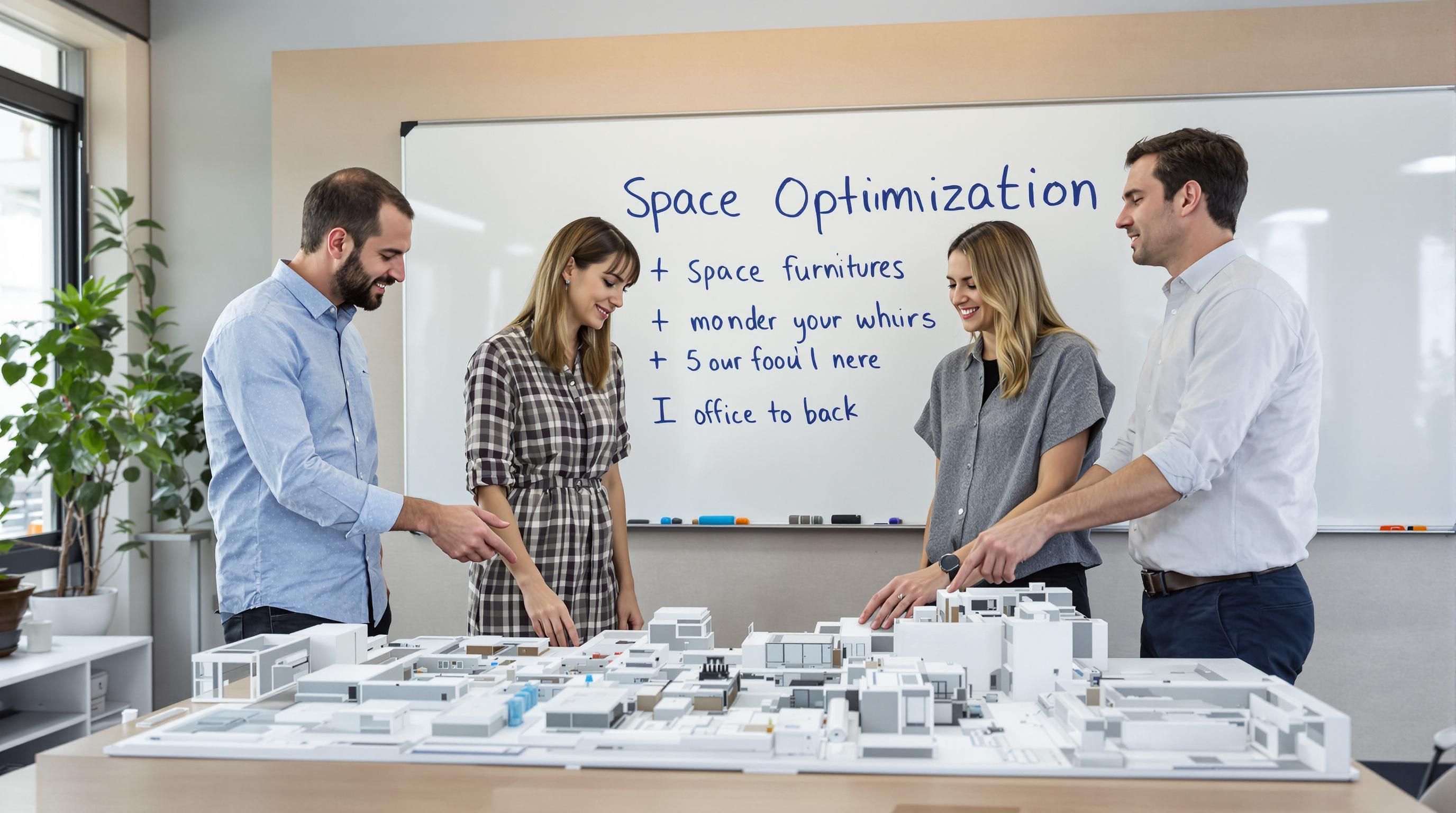 Office design team collaborates over model with 'Space Optimization' on whiteboard