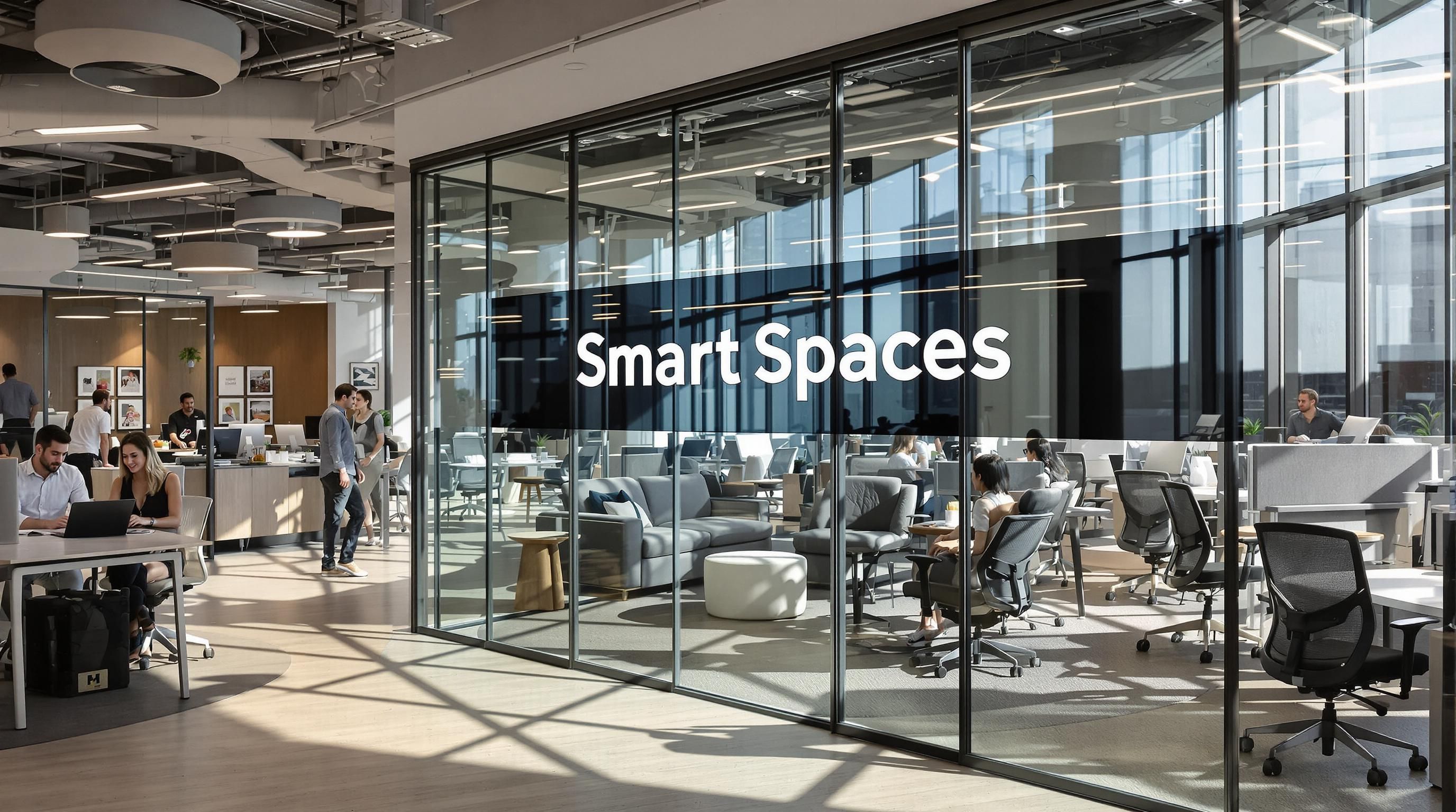 Modern office with modular furniture and diverse team, glass wall shows 'Smart Spaces'