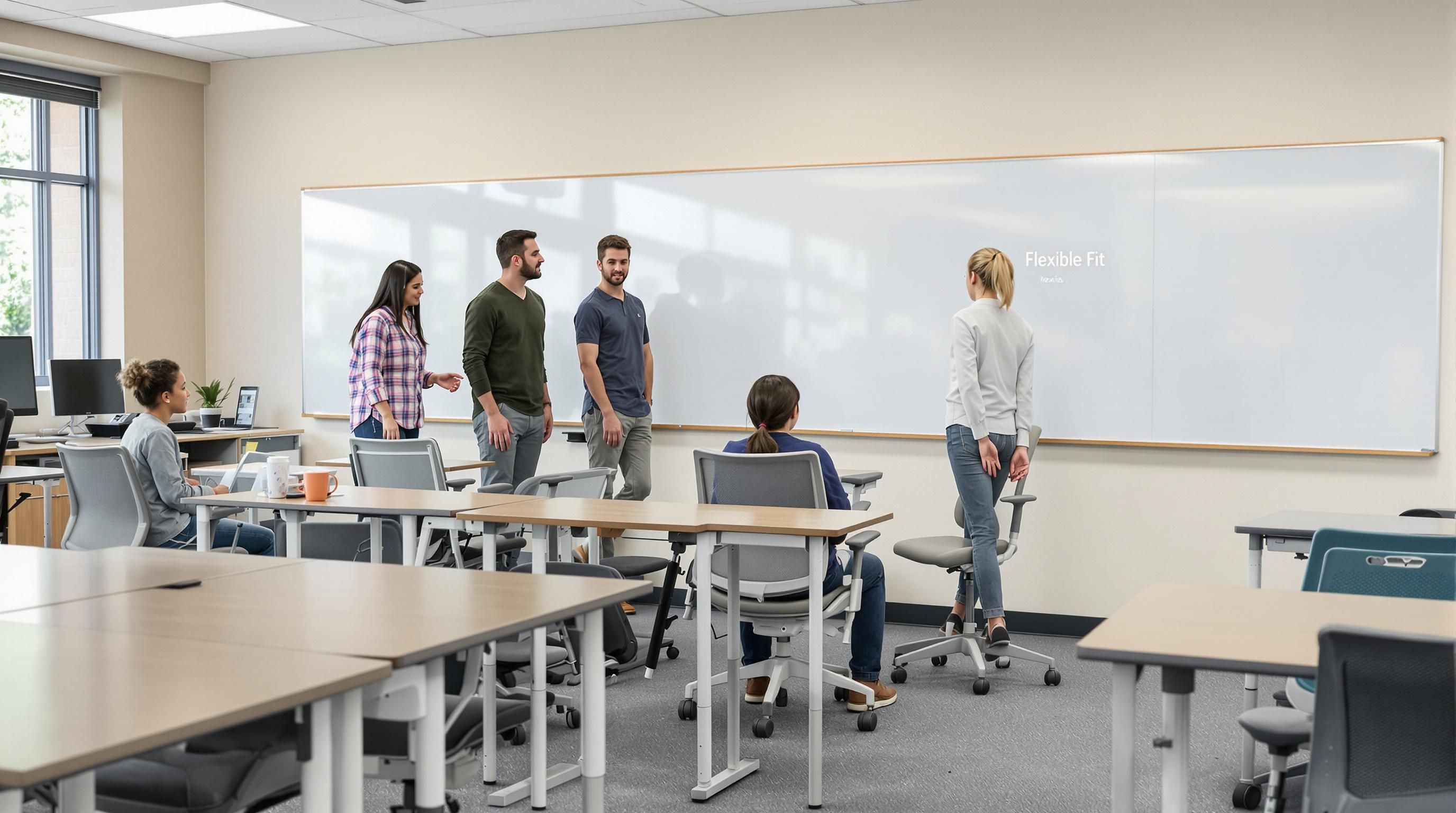 Students adjusting ergonomic desks and chairs with Flexible Fit whiteboard