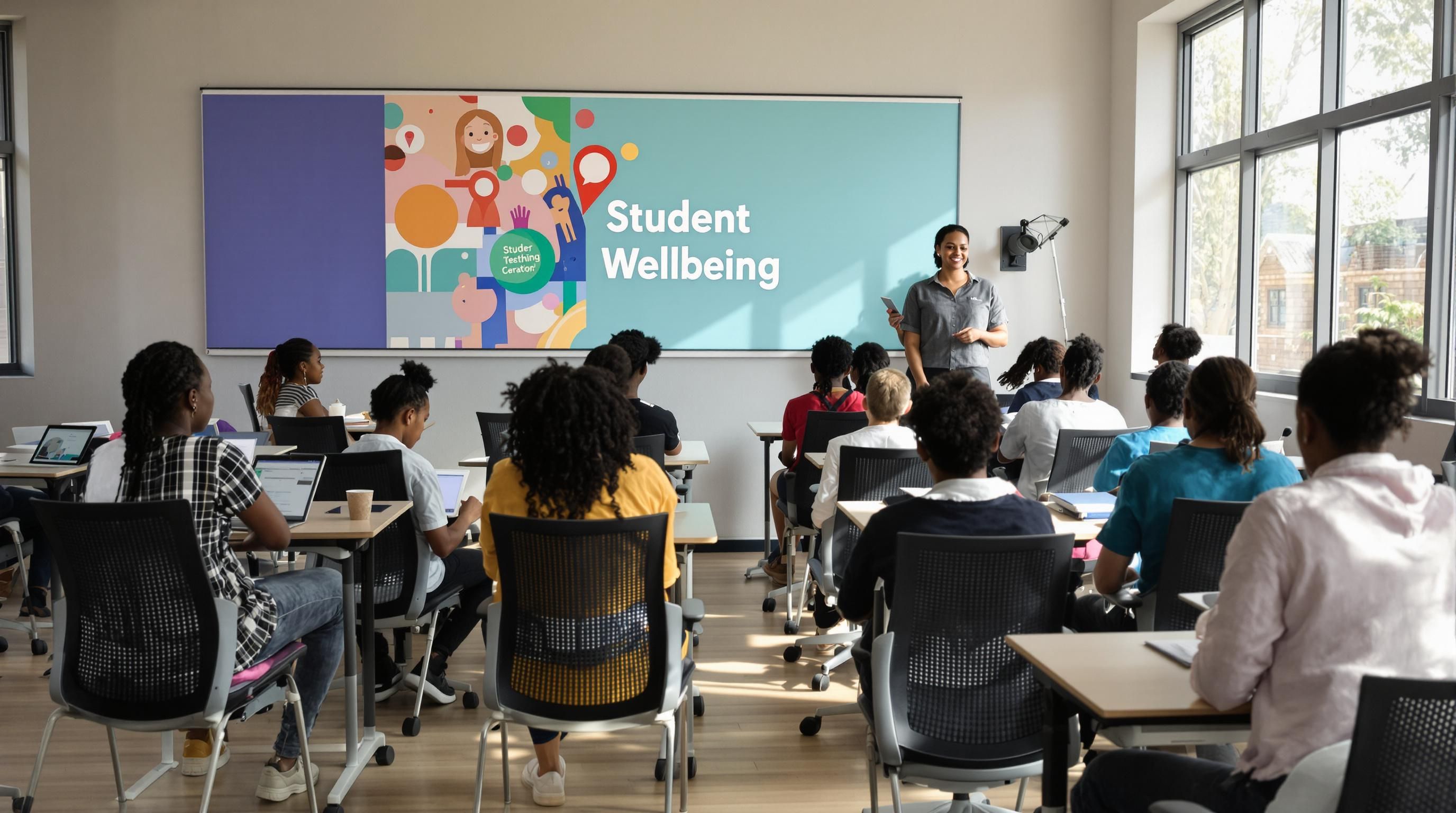 Classroom with students using ergonomic chairs and poster showing Student Wellbeing