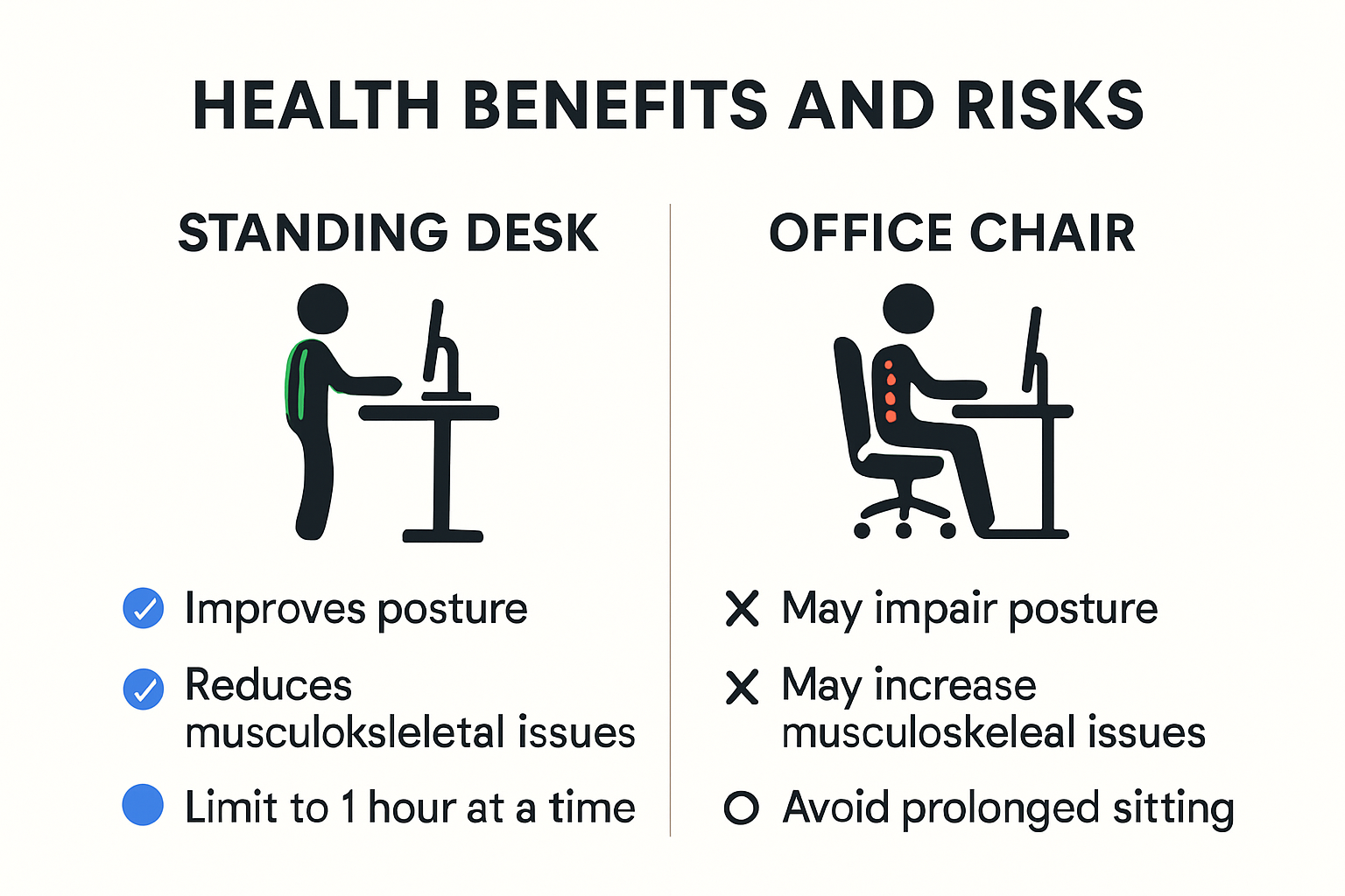 Standing desk vs office chair health comparison infographic