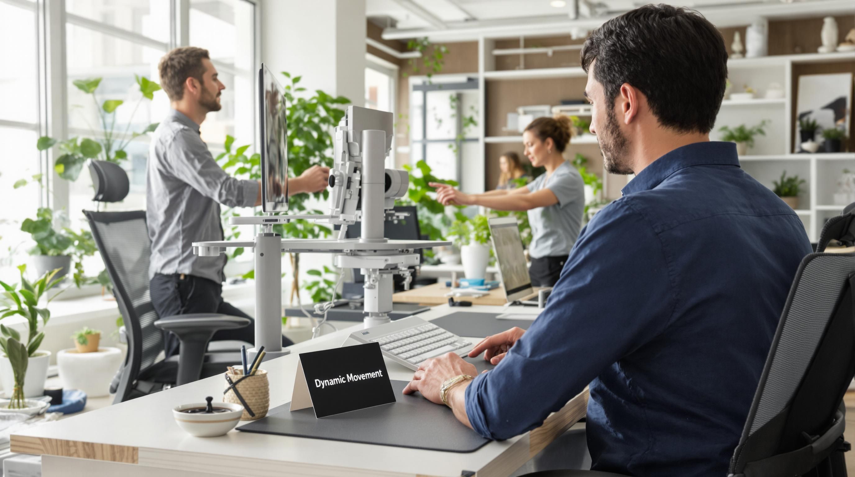 Professionals alternating between sitting, standing, and stretching at work
