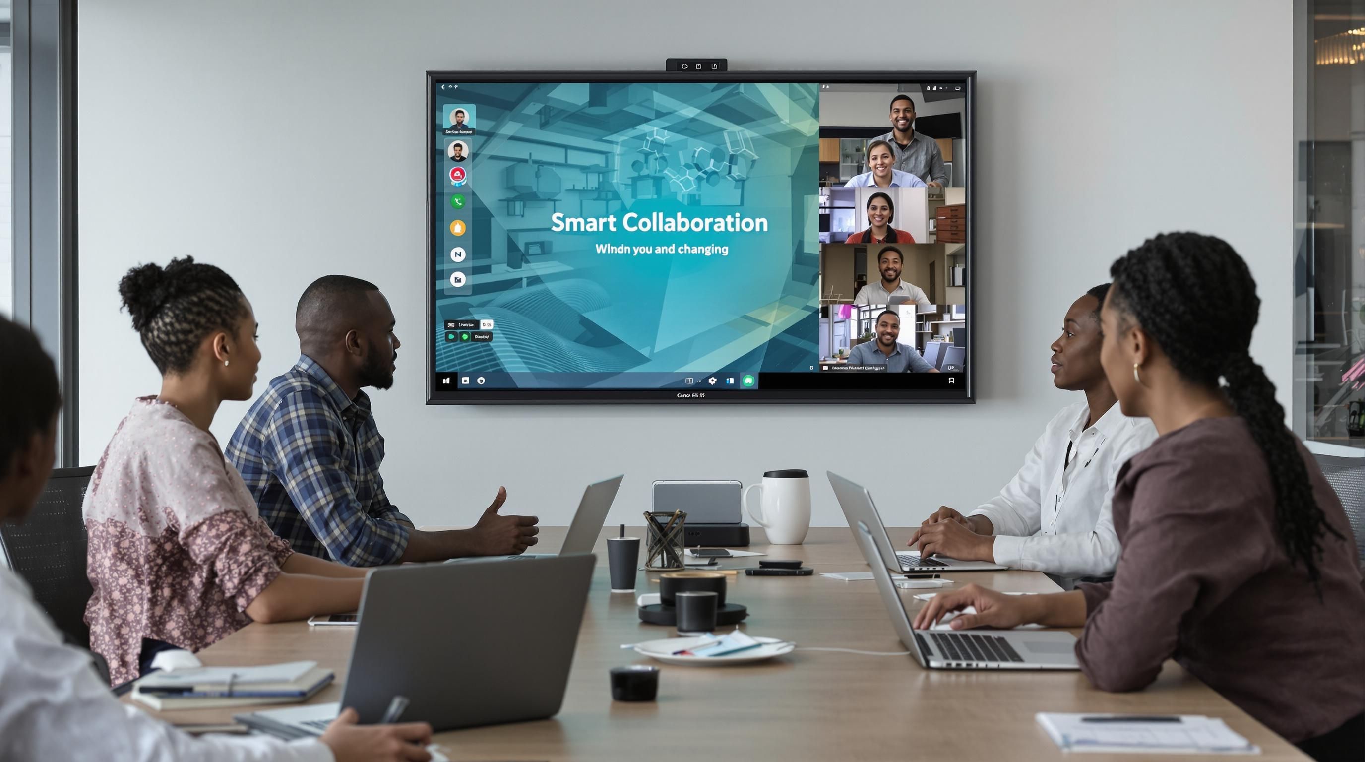 Professionals in tech-enabled South African office using digital collaboration tools