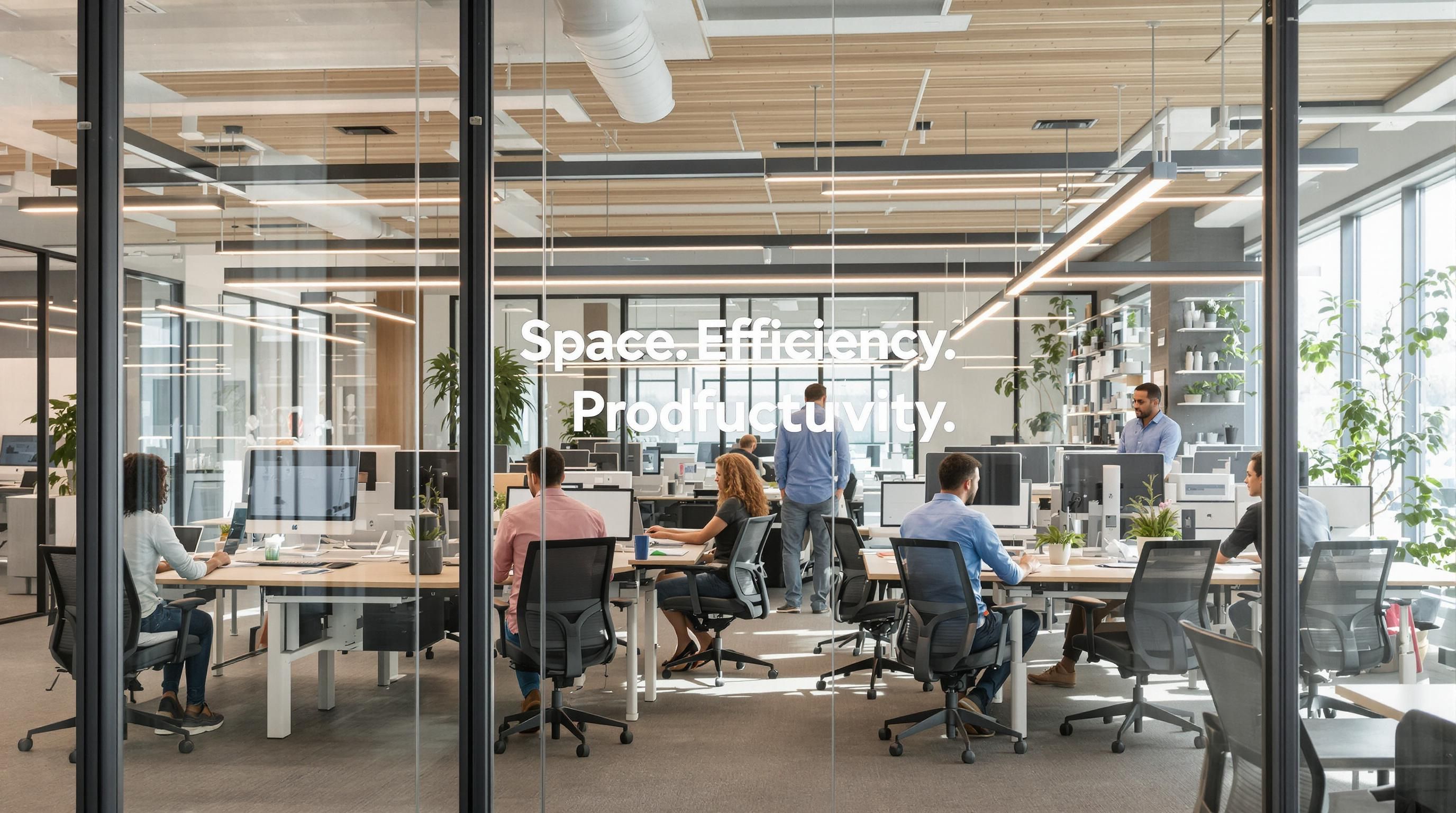 South African office showing diverse staff using multifunctional furniture under sign reading space, efficiency, productivity