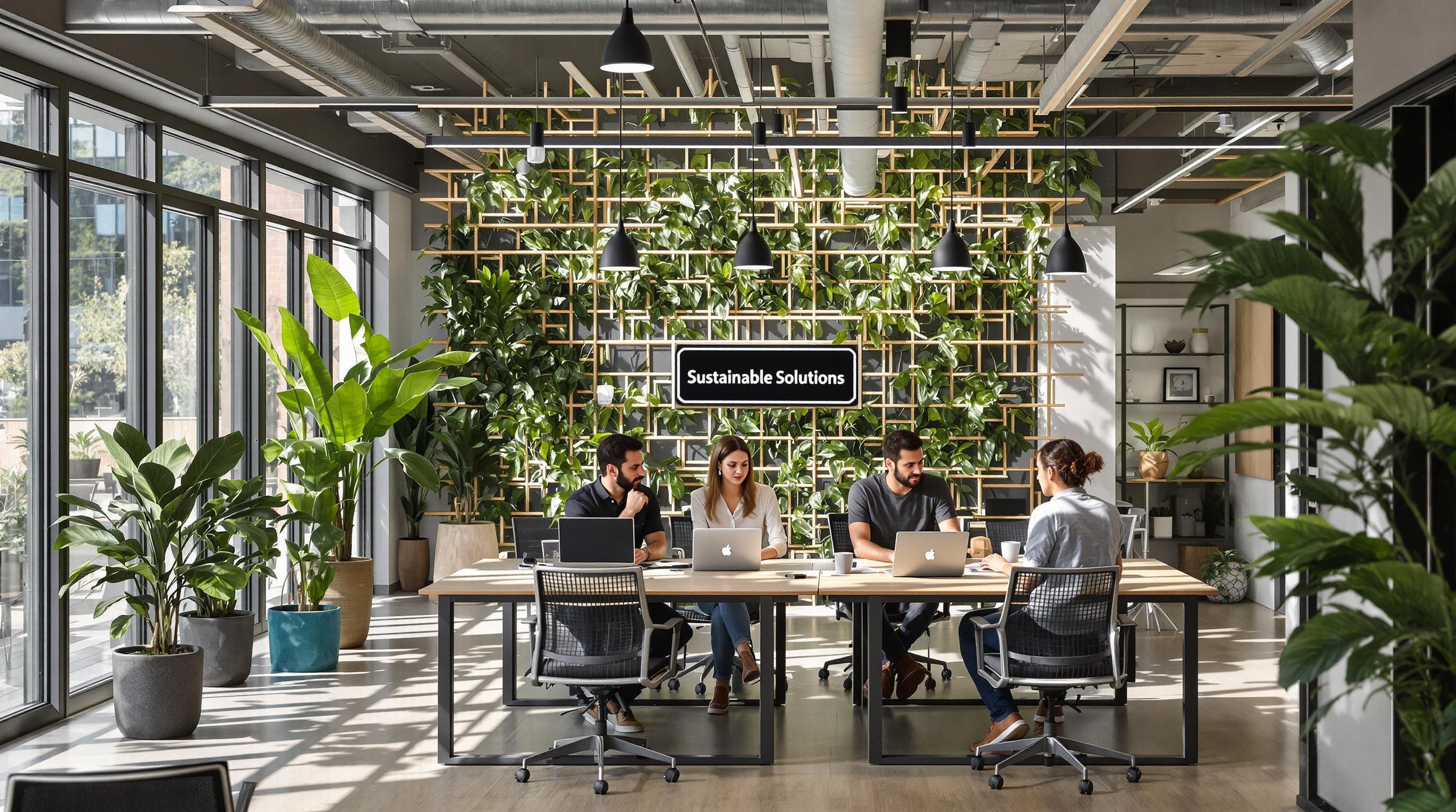 Team works at modular bamboo desk in sunlit, sustainable office, green sticker says sustainable solutions