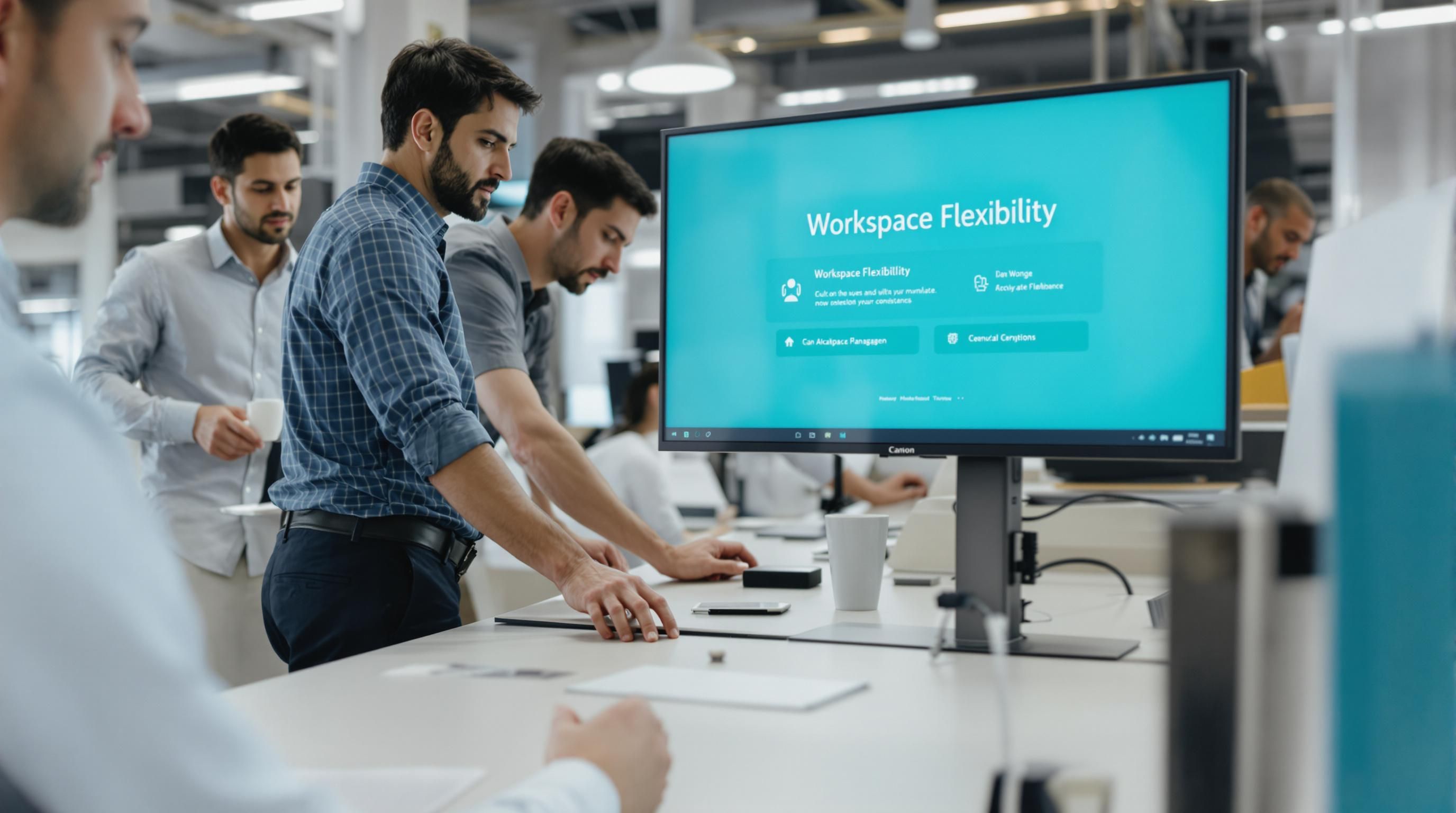 Team adjusts modular workstation with flexibility interface displayed