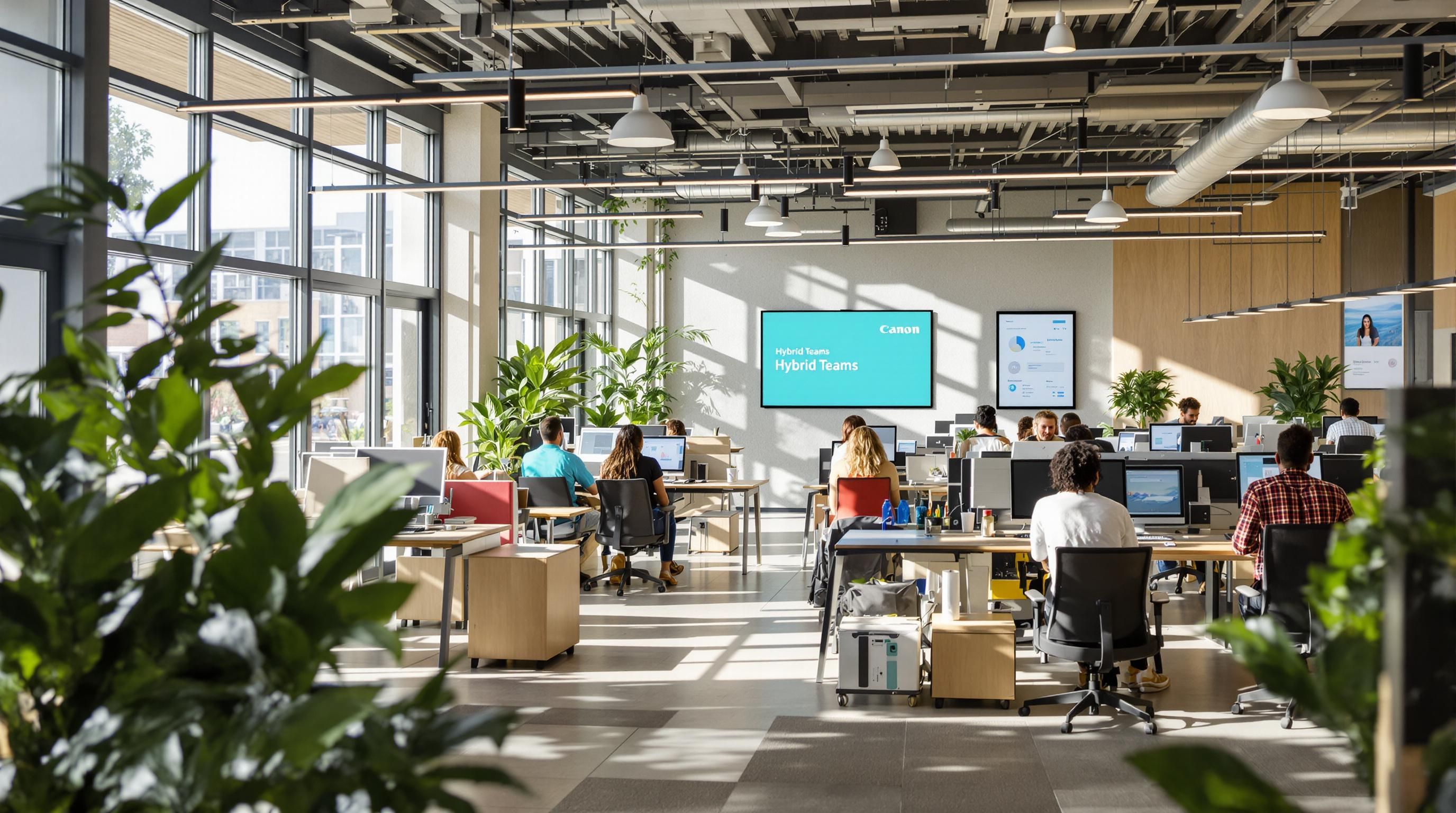 Modern Southern African office with hybrid teams at modular desks