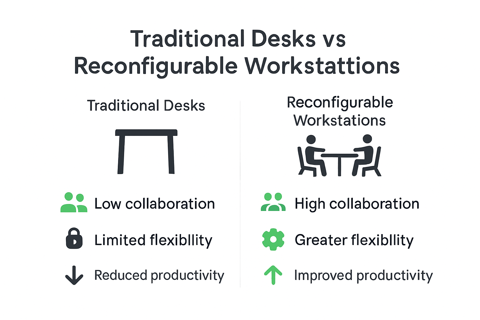 Infographic comparing traditional desks vs. reconfigurable workstations for hybrid teams