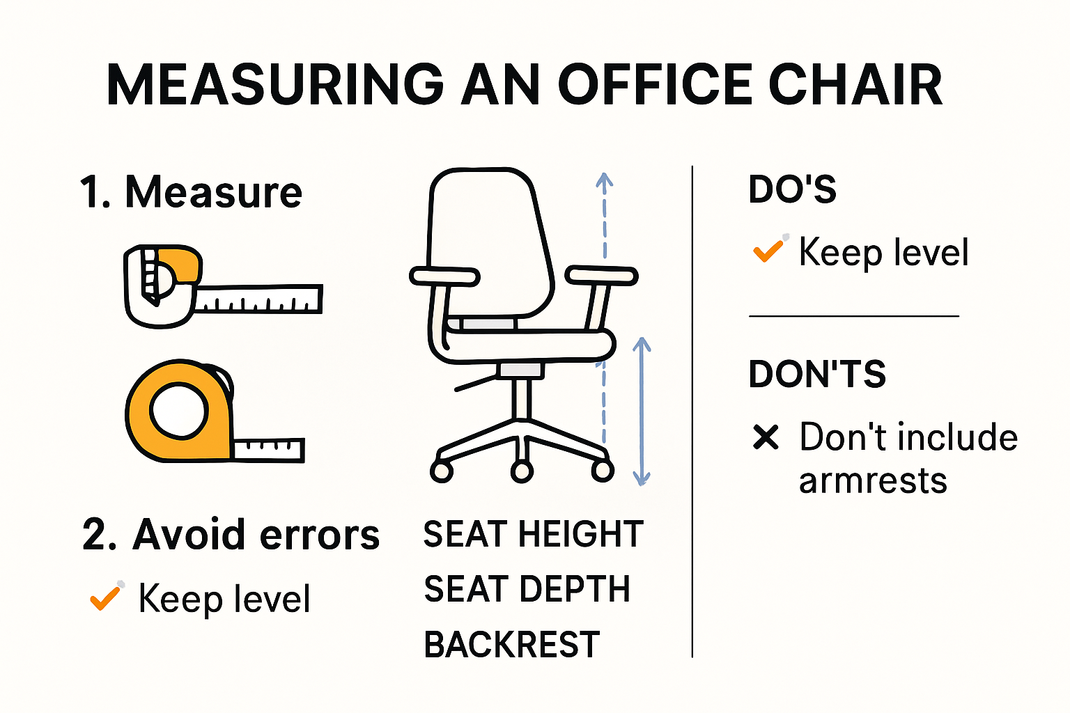 Infographic showing steps and tools for measuring office chairs