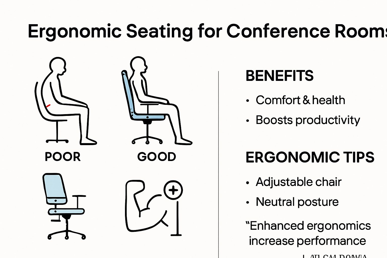Infographic of ergonomic conference seating features and health benefits
