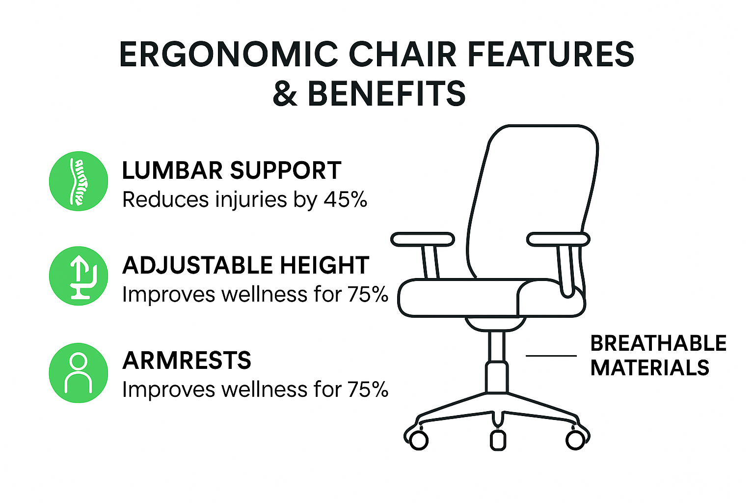 Ergonomic chair features and health benefits visualized