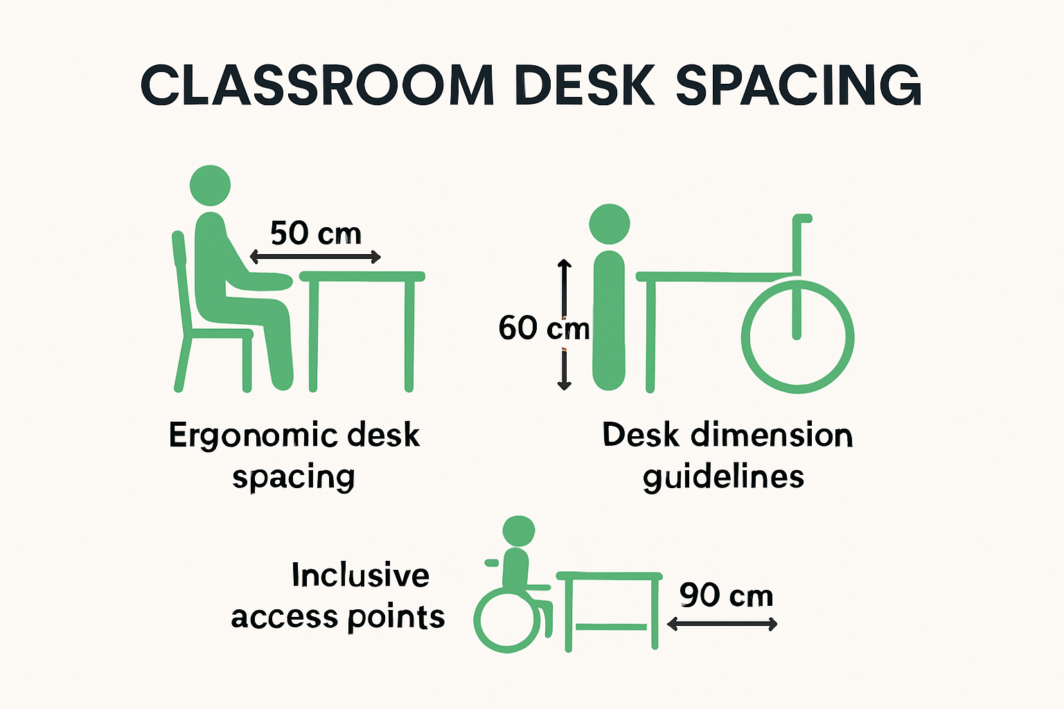 Infographic showing ergonomic and spatial classroom desk guidelines