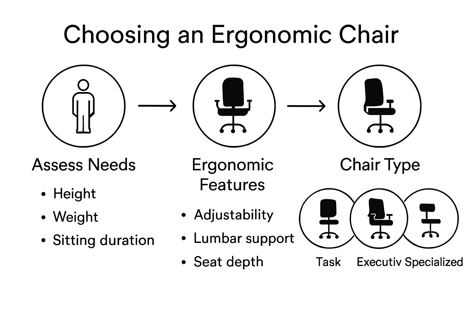 Infographic showing office chair selection process by needs and features