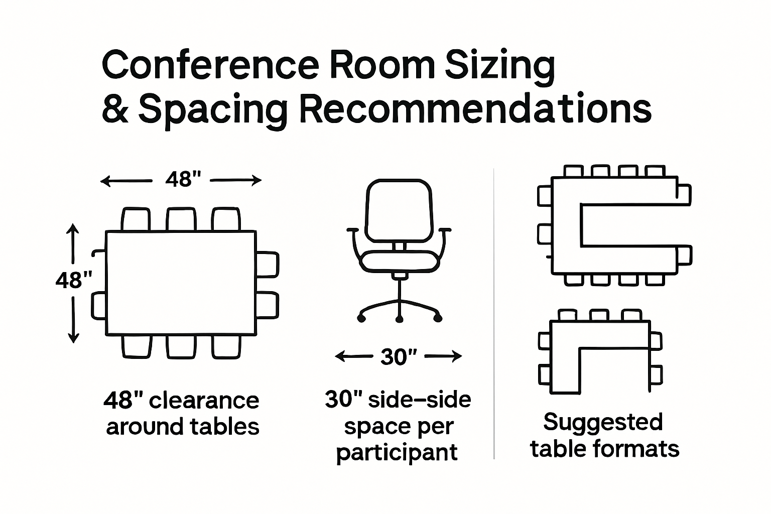 Infographic showing ideal furniture spacing in conference rooms