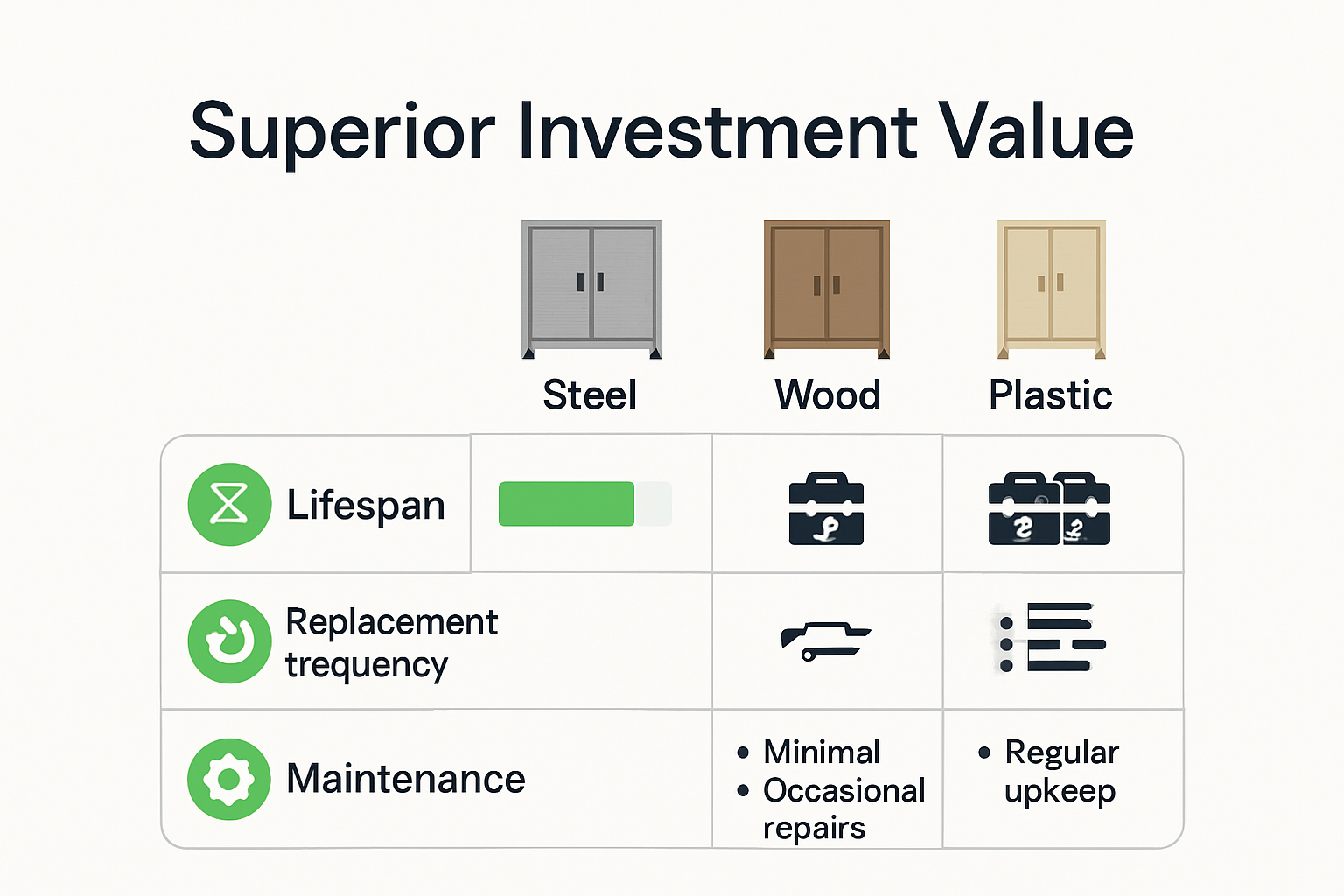 Infographic comparing steel, wood, and plastic cabinets for cost, durability, and maintenance