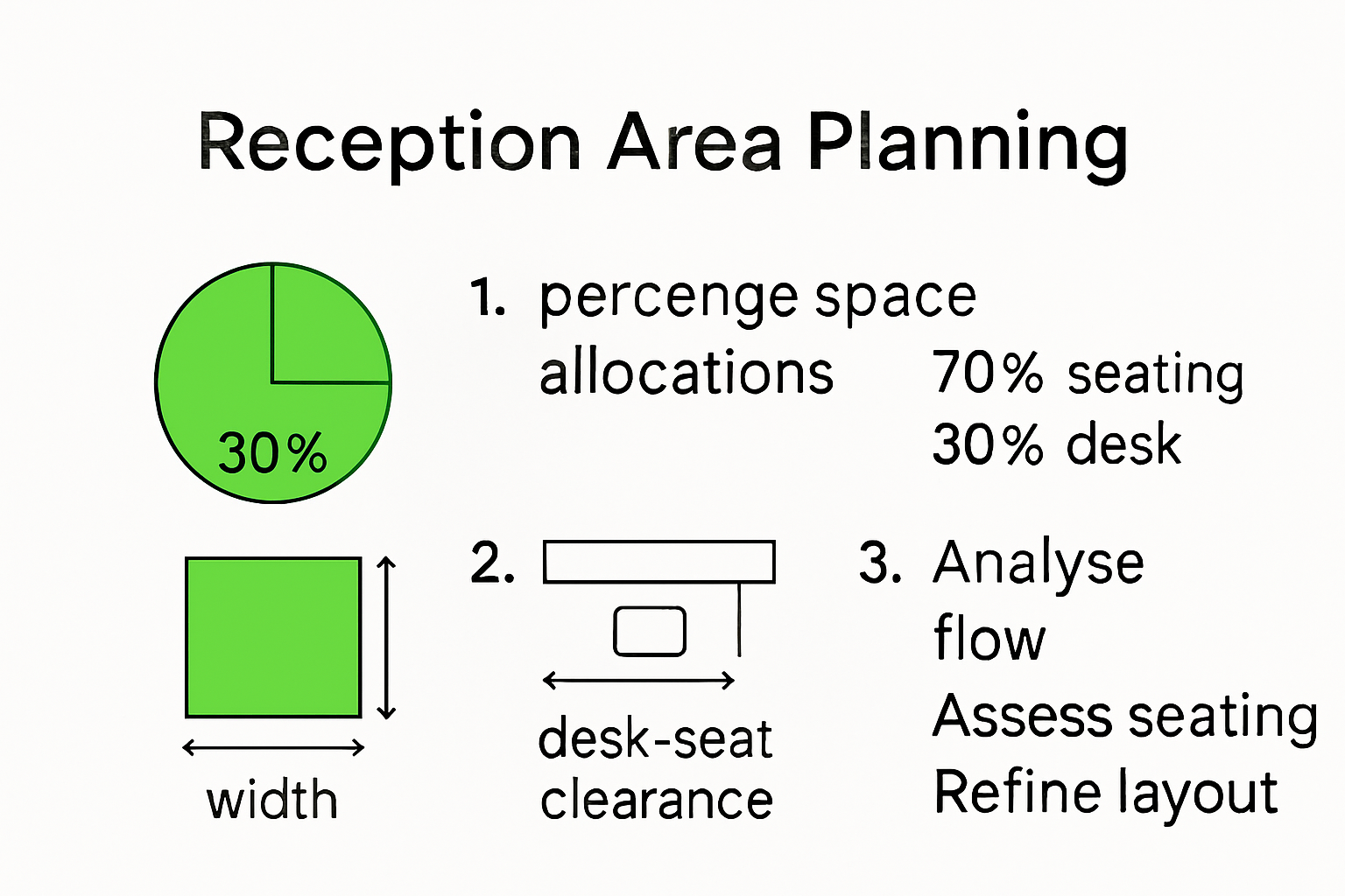 Reception area space planning infographic with measurements
