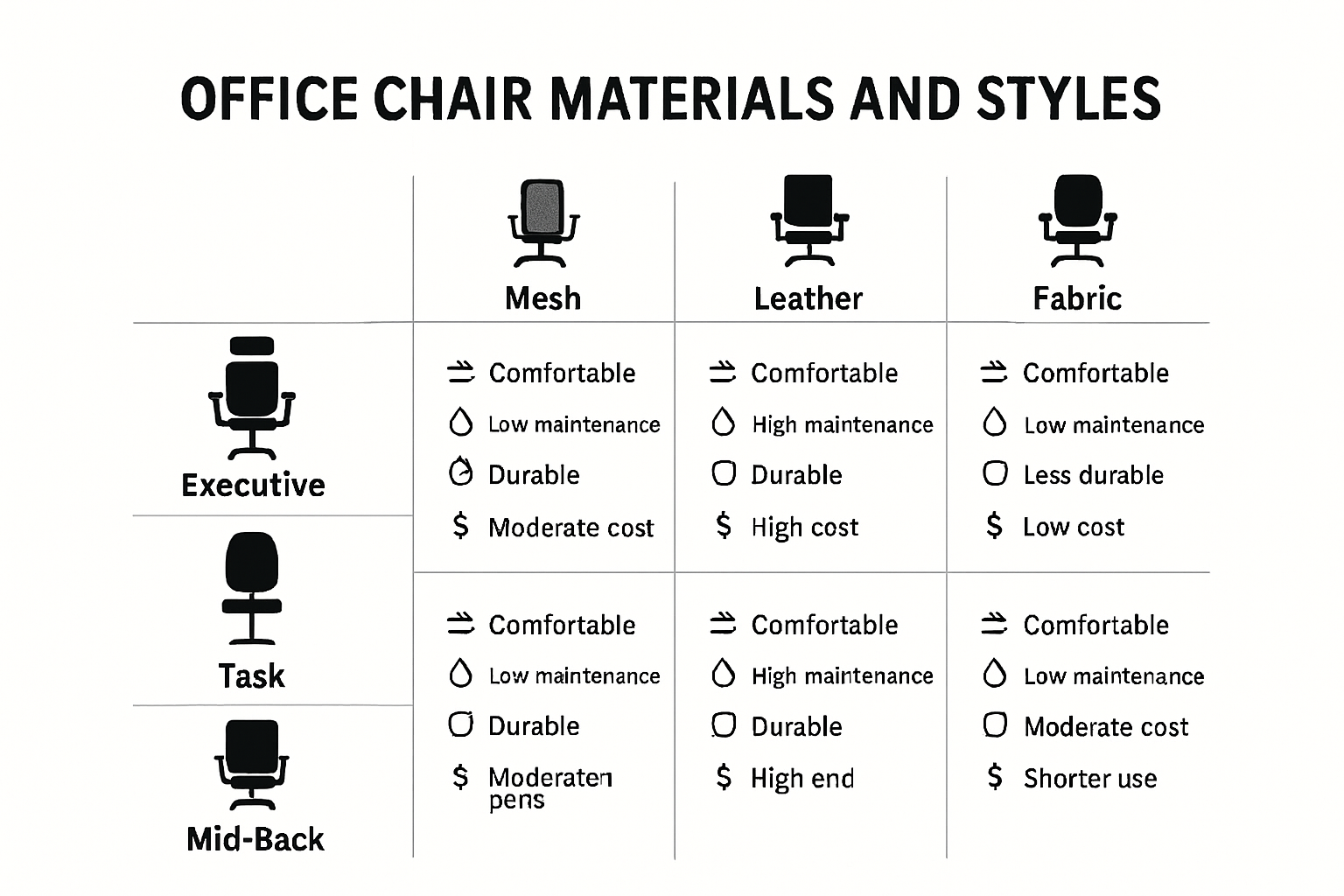 infographic comparing office chair materials and styles